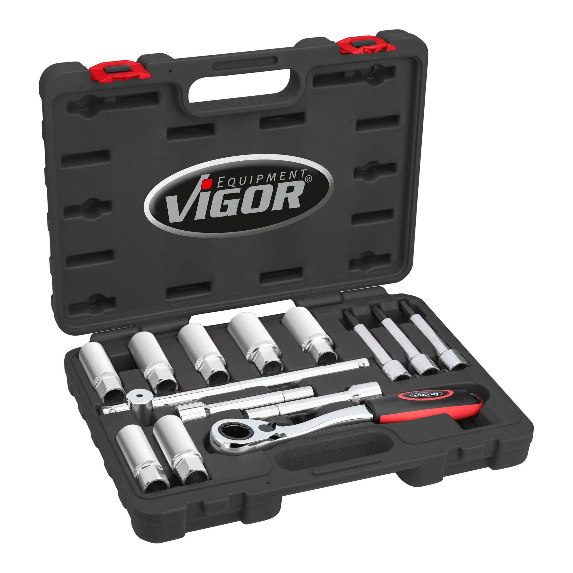 Jeu d'outils pour amortisseurs ViGOR V6452, y compris cliquet réversible ouvert SW 21 mm, douilles hexagonales SW 16-24 mm, douilles tournevis, rallonge'.