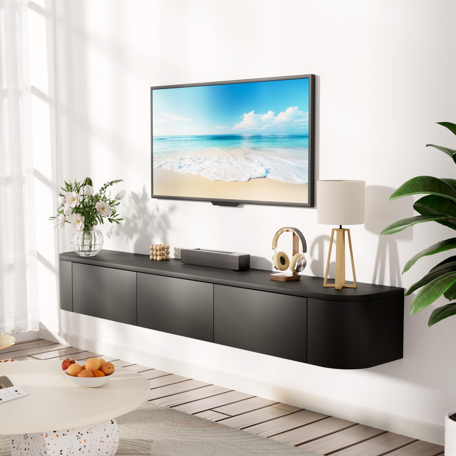 Meuble TV Suspendu 140 Cm Meuble TV Mural avec Rangement de Grande Capacité Table TV Multimédia TV Console Meuble avec Portes et Tiroirs pour Chambre Salon, Noir