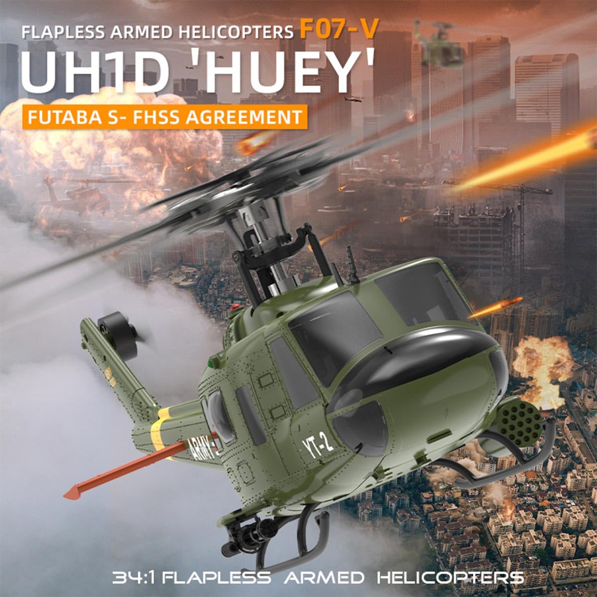 RC śmigłowce dla dorosłych, F07-V 1/34 skala UH-1 Huey 2.4G 6CH bezszczotkowy bezpośredni bezszczotkowy helikopter RC Flybarless RC tryb modelu 1/Mode 2 przełączane (wersja RTF)