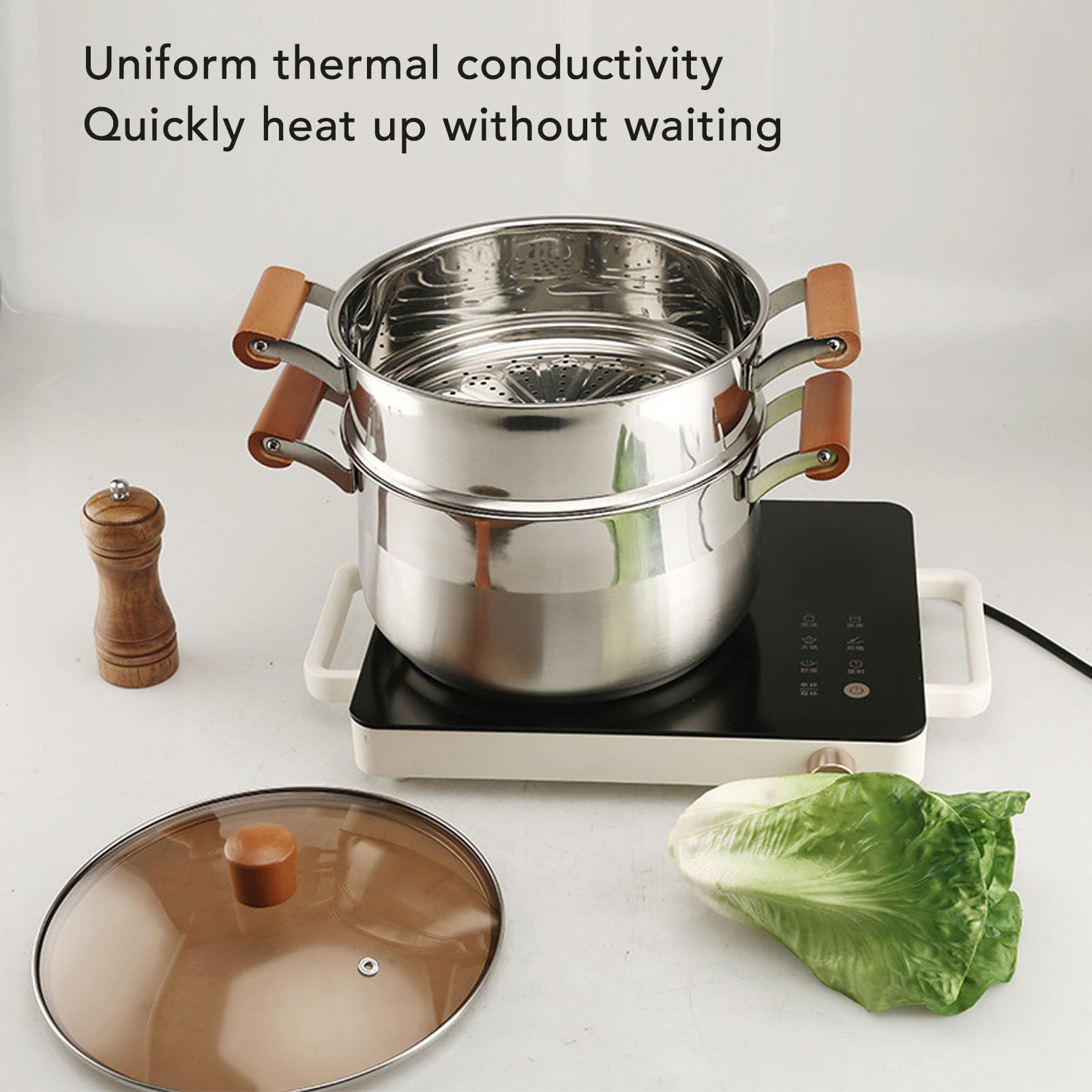 Juego de utensilios de cocina profesionales de acero inoxidable con mangos de madera, ollas y sartenes de cocina de 5 piezas para cocinar sopa hirviendo al vapor, utensilio