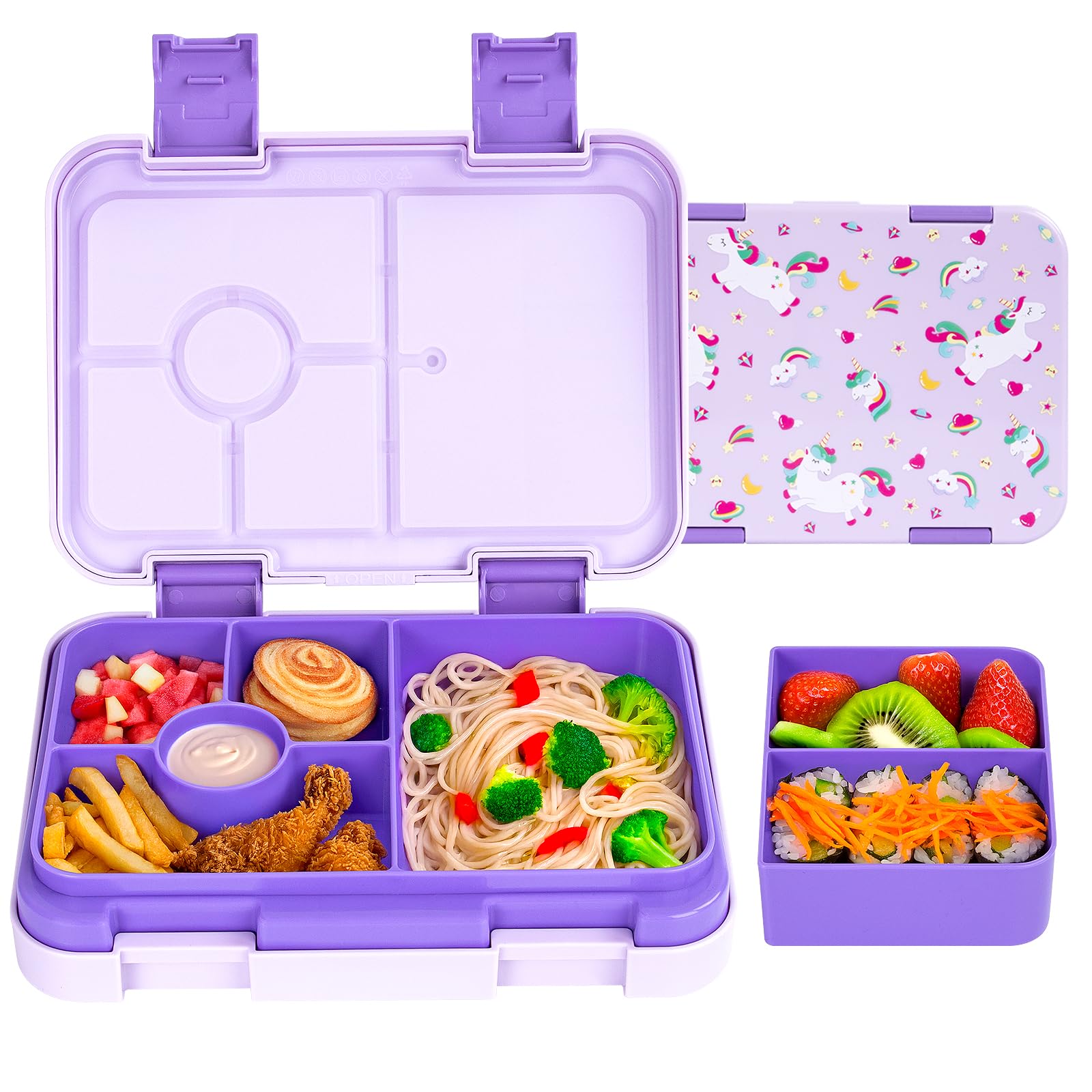 QCQHDU Brotdose Kinder mit 6 Fächern - Lunchbox mit Unterteilungen, Bento Box für Schule, Kindergarten, Outdoor | Leckdicht, Spülmaschinenfest, BPA-Frei(Hellviolett)