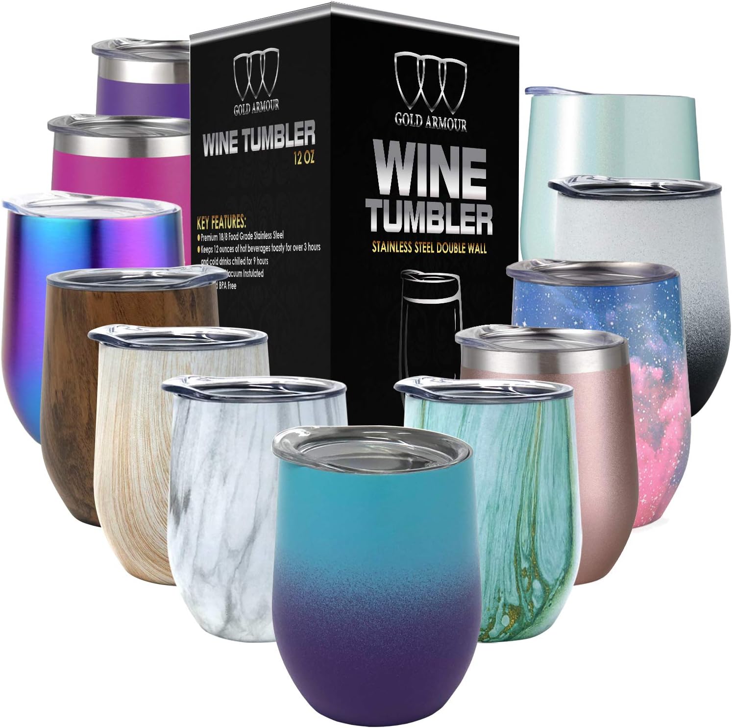 Gold Armour Stainless Steel Wine Glass Tumbler with Lid, 12 oz Double Wall Vacuum Insulated Travel Tumbler Cup, Coffee Water Bottle Cup (Ombre: Sky Blue and Purple)