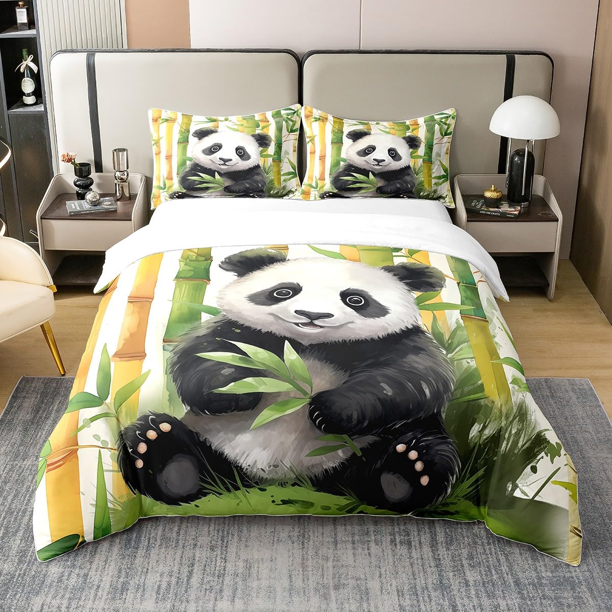 Housse de couette panda 220x240 cm en coton blanc et noir avec bambou vert pour lit 2 personnes