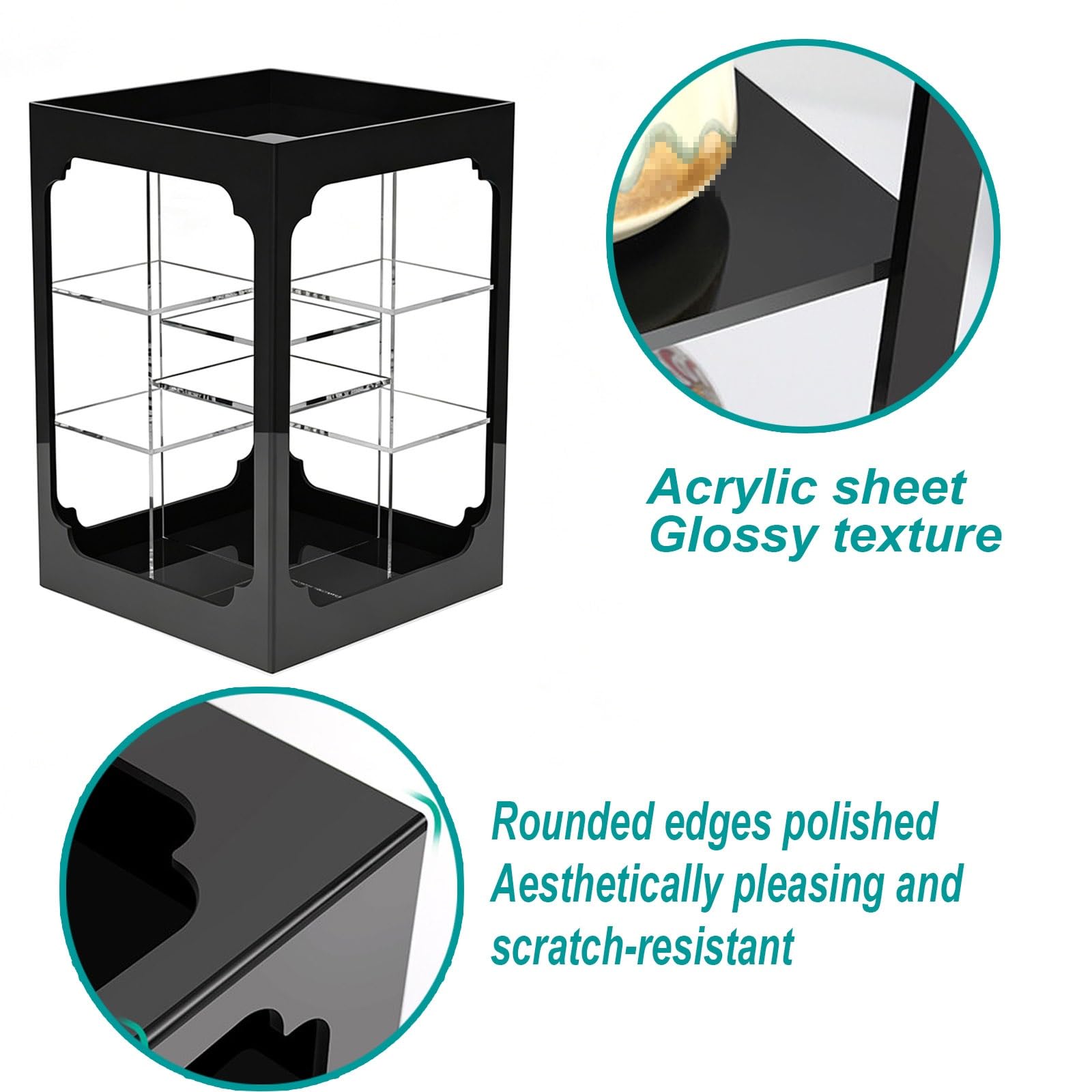 Estante de Té Acrílico Negro Giratorio 360°, Organizador Compartimentos Abiertos Borde Pulido Base Estable, Almacenaje Encimera Cocina Teteras Tarros Tazas(Black+Transparent)