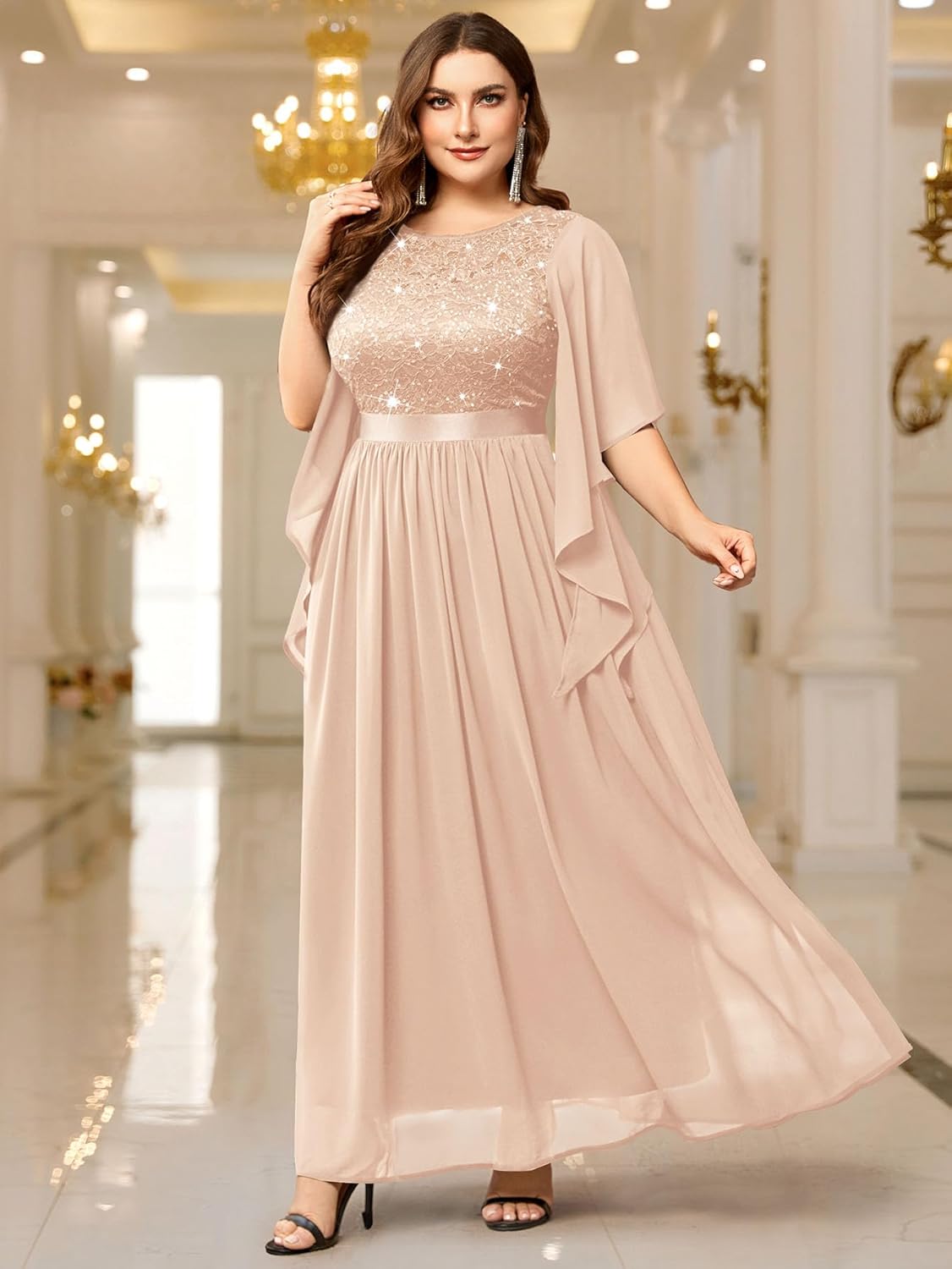 Miusol Women's Plus Size Sequin Lace with Ruffle Cape Cloak Sleeves Elegant Evening Gown Wedding Guest Maxi Dress - Image 3