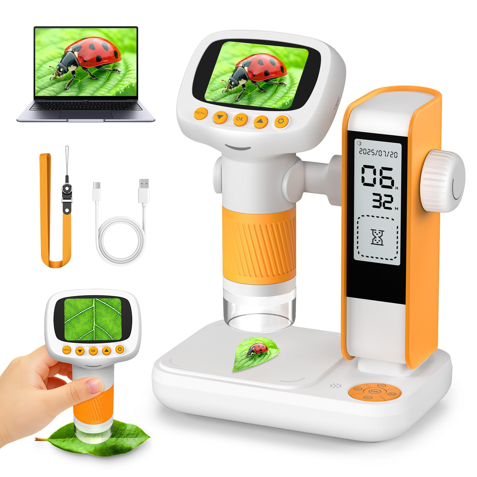 Leipan Microscopio digitale per bambini 2 in 1 con supporto per timer, ingrandimento 1000x, palmare/desktop, schermo IPS da 2", connessione USB PC, 12 vetrine, 8 LED, per laboratorio educativo, età 4