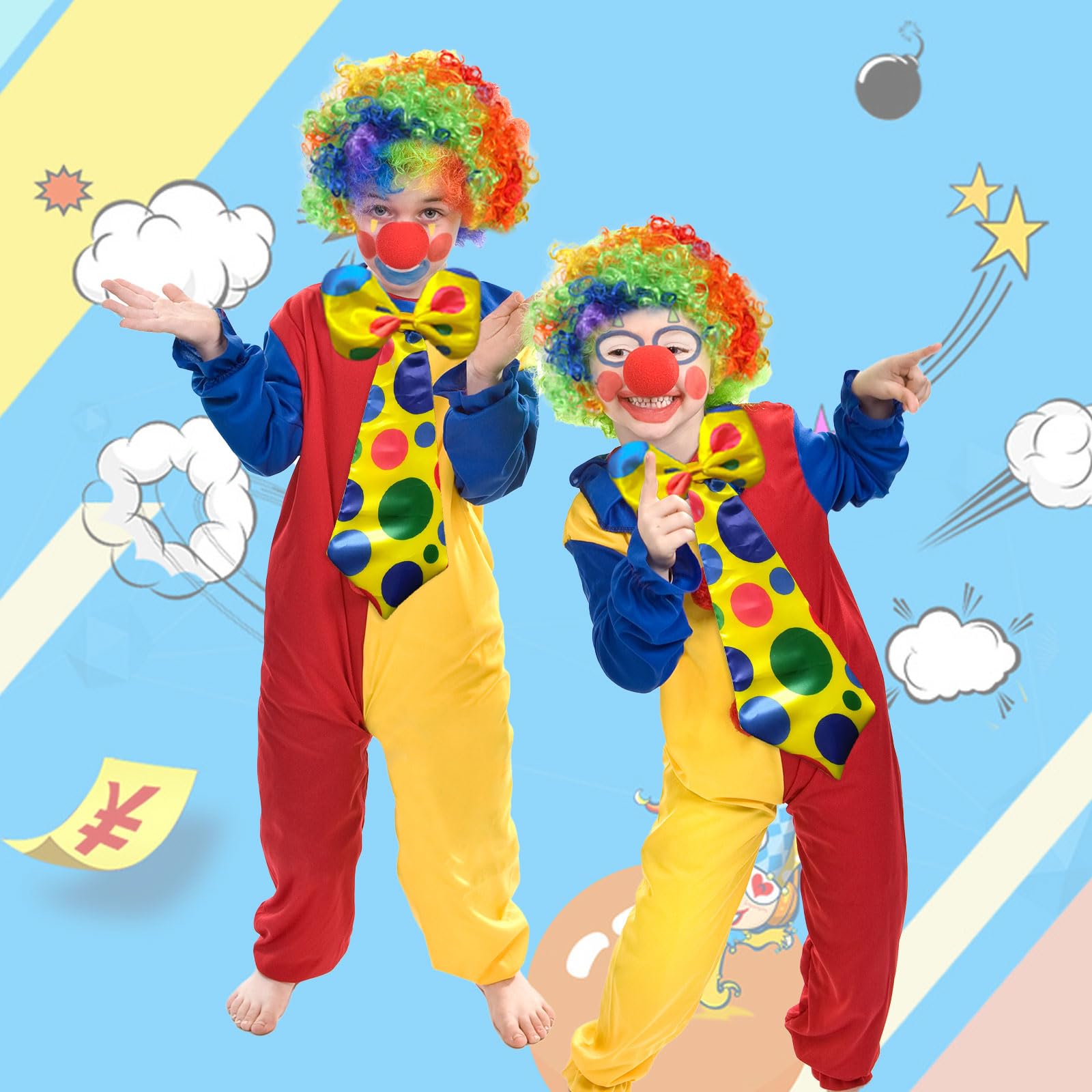 Perruque de Clown colorée perruque synthétique Ao bouclée Cosplay pour hommes femmes perruque de fête Mardi Gras rouge vert jaune bleu perruque nez de Clown  200165144