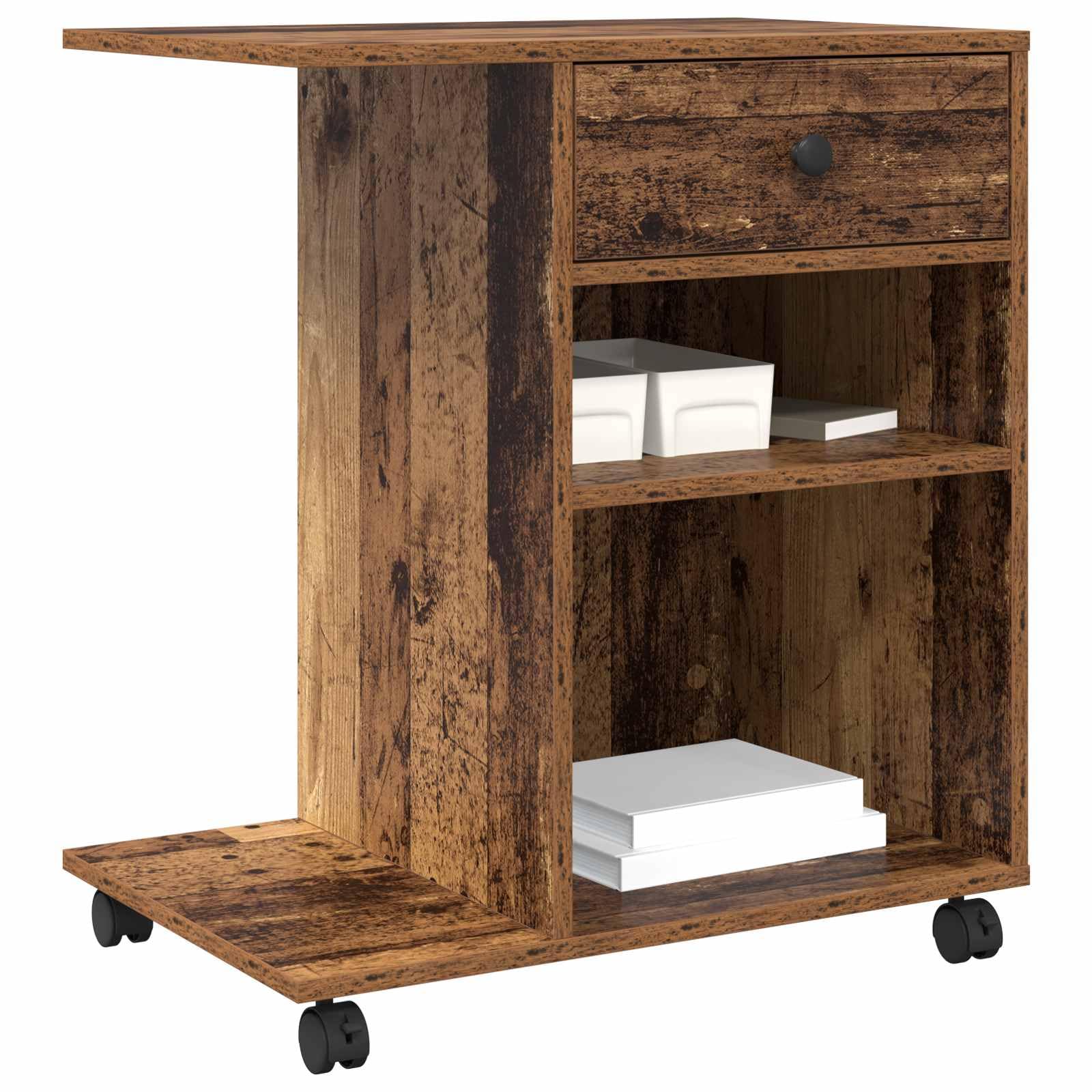 Druckerständer Uni Altholz Holzwerkstoff 60 x 40 x 68,5 cm mit Rollen und Schubladen, mobiler Bürowagen für Drucker und Büroorganisation, praktischer Stauraum für Akten, Papier, Scanner