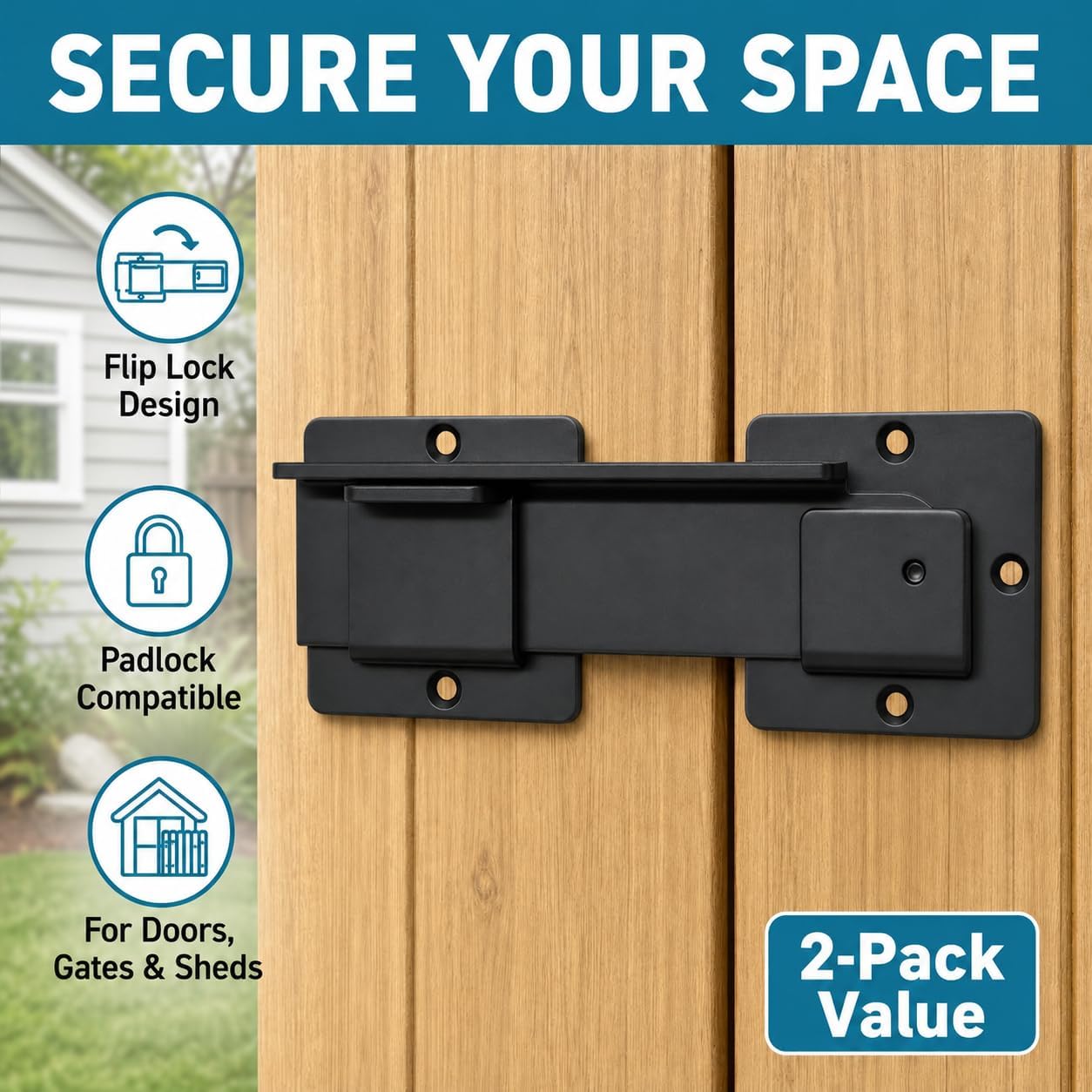 2-Pack 7.5" Heavy Duty Gate Latch with Padlock Holes for Fence, Barn & Shed | Rustproof black aluminum alloy, 16 mounting screws and 2 hex wrenches included, weather resistant security hardware