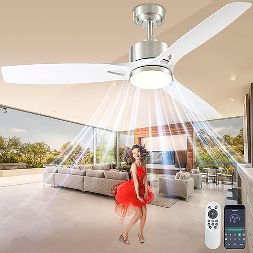 52 Inch Ceiling Fans with Lights and Remote Control - Outdoor Indoor Flush Mount Low Profile Silver White Ceiling Fans for Living Room,Bedroom,Patio