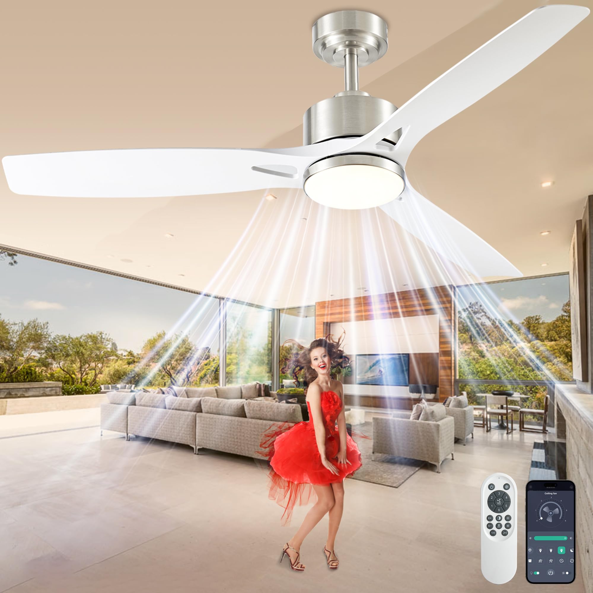 Photo 1 of **RECOMENDED FOR PARTS/ MISSING ASSEMBLY PIECES*** DIAMONDFORGE 52 Inch Ceiling Fans with Lights and Remote Control - Outdoor Indoor Flush Mount Low Profile Silver White Ceiling Fans for Living Room,Bedroom,Patio