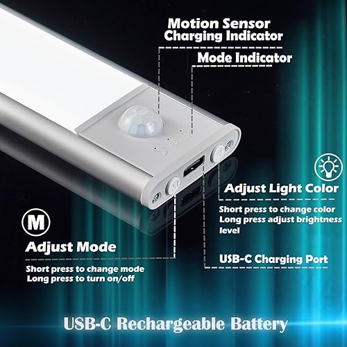 Miniatura 2 de POVODA Luces LED para debajo del mostrador para cocina, iluminación debajo del gabinete, luz inalámbrica con sensor de movimiento, luz de armario,