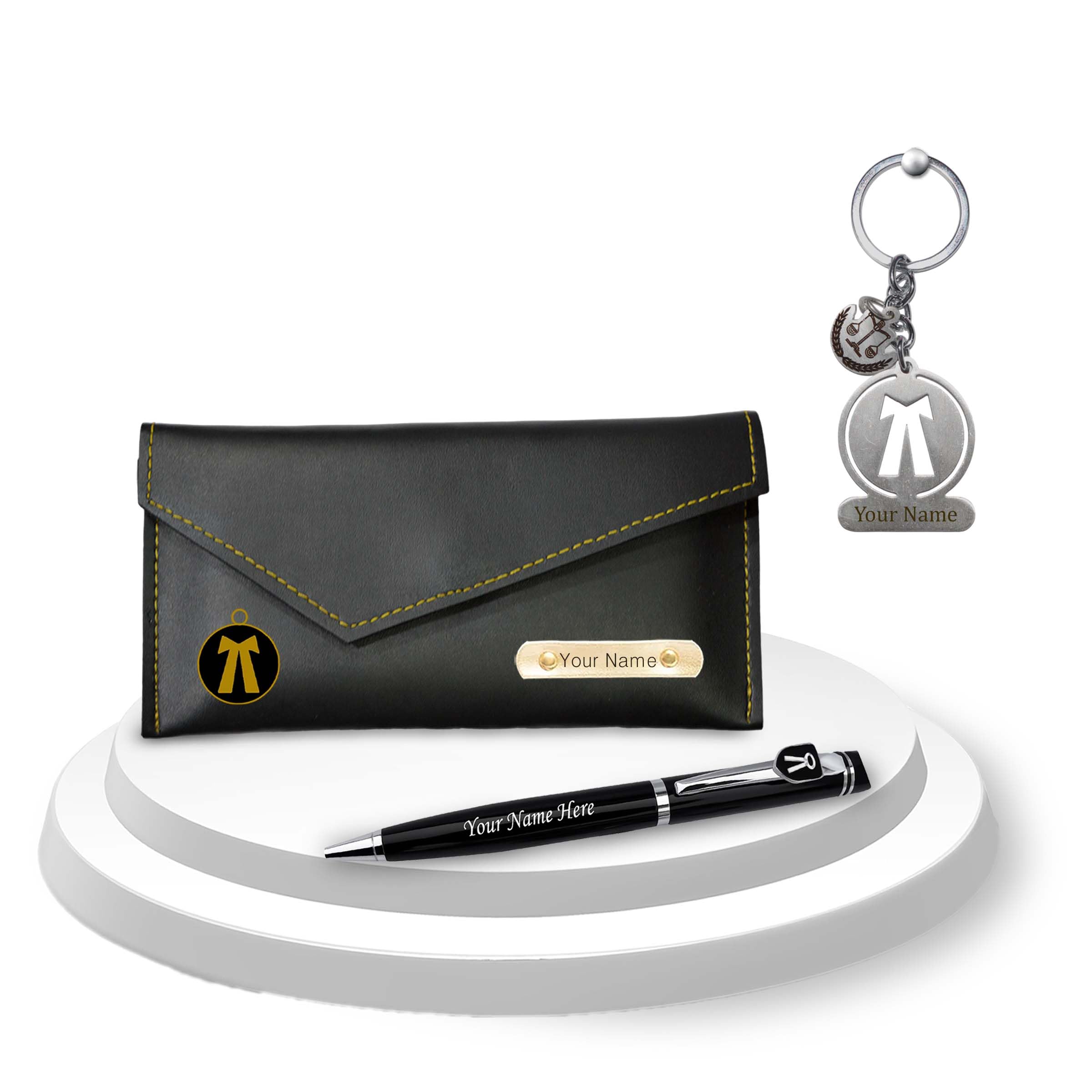 SAVRI Personalized Advocate Combo-Advocate Key-Chain with Charm, Advocate Pen With Name, and Wallet with Name & Adv. Charm. (Black, Female)