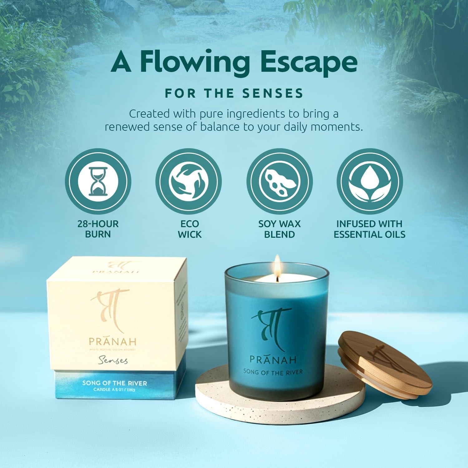 Pranah Senses Song of the River Scented Candles Vegan Lead Free Wick Infused with Essential Oil Citrus Crisp Sea Breeze Meditation Energy Boost Aroma Clarity