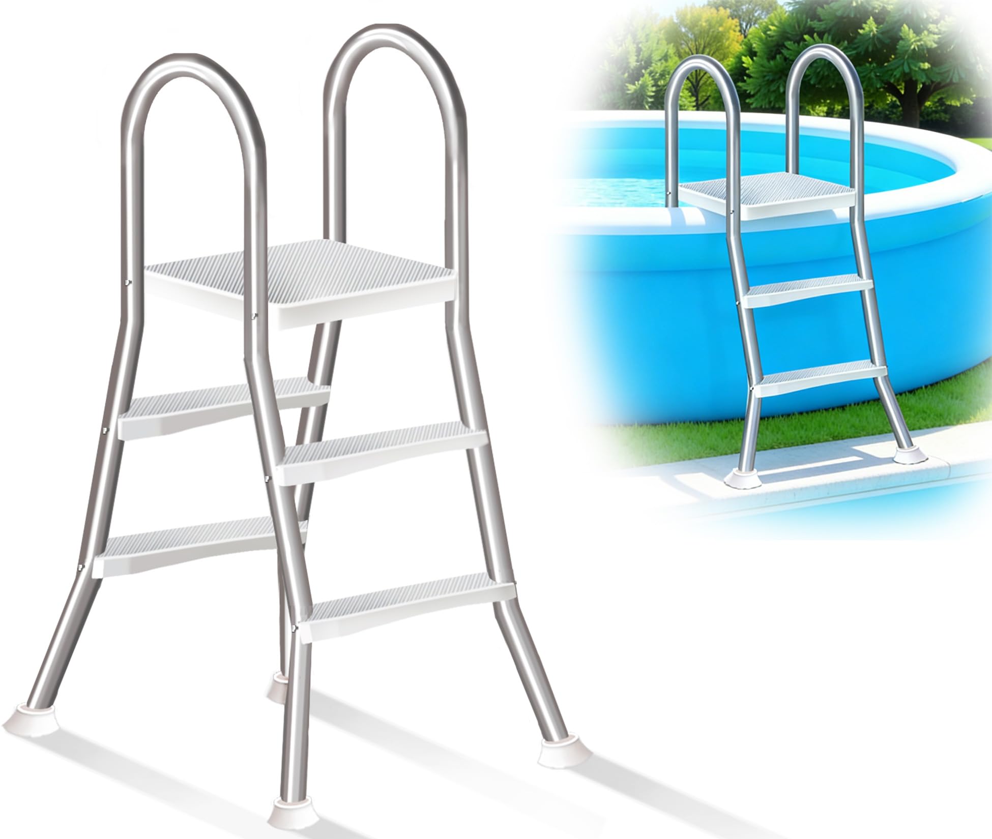 Residential Pool Entry Ladder, 4-Step Stainless Steel Above Ground Pool Stairs, Dual Safety Handrails, Non-Slip Steps, 250kg Load for 135cm High Wall Pool,85cm