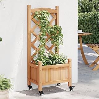 Maceta con enrejado y ruedas, color marrón, madera maciza, abeto, para jardín, con enrejado superior, para plantas trepadoras, macetas, macetas, jardinera marrón, 40 x 30 x 97,5 cm
