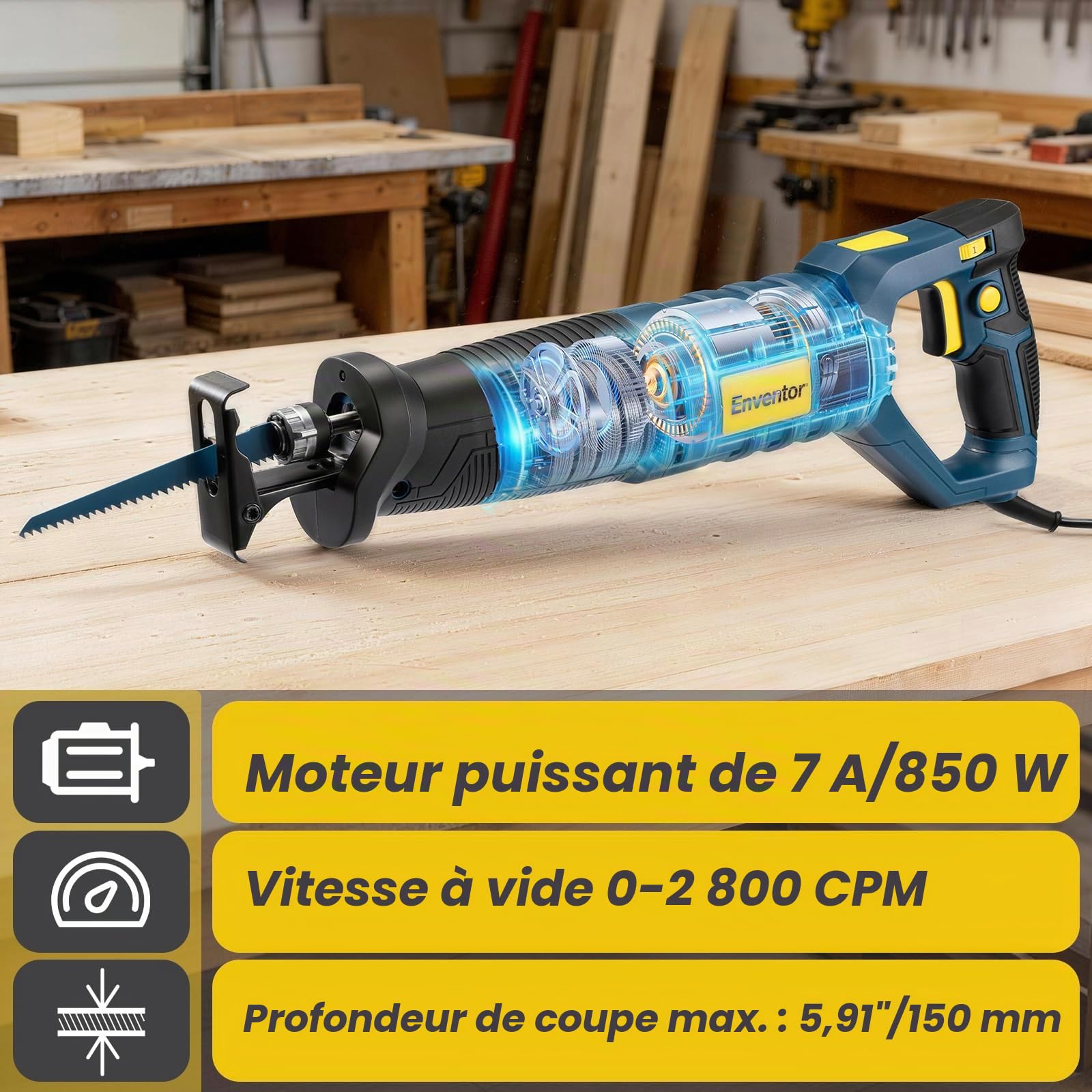 Enventor Scie Sabre 850W, 6 Lames, 2800 SPM Vitesse Variable, Course de 28mm, Changement de Lame sans Outil, Poignée Rotative à 180°, pour Bois, Métal, PVC et Élagage