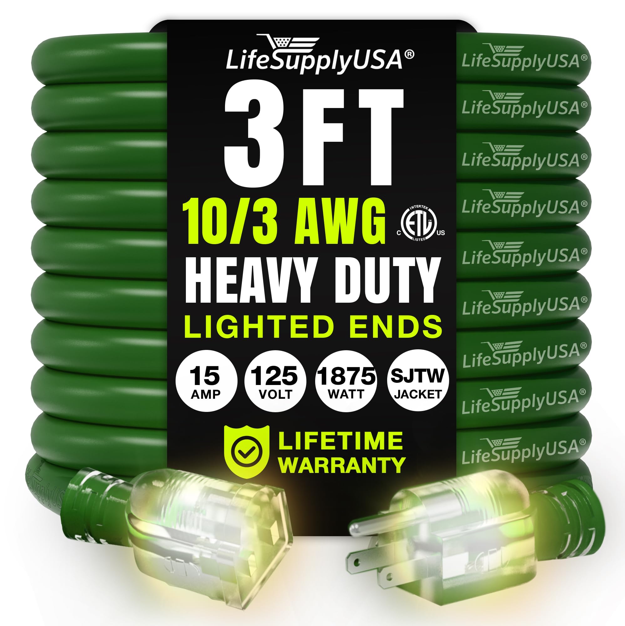 3ft Outdoor/Indoor Extension Cord 10/3 Gauge Ultra Heavy Duty 3 Prong SJTW, Waterproof, ETL Listed, Flexible Cold-Resistant Long Power Cord,15A 125V