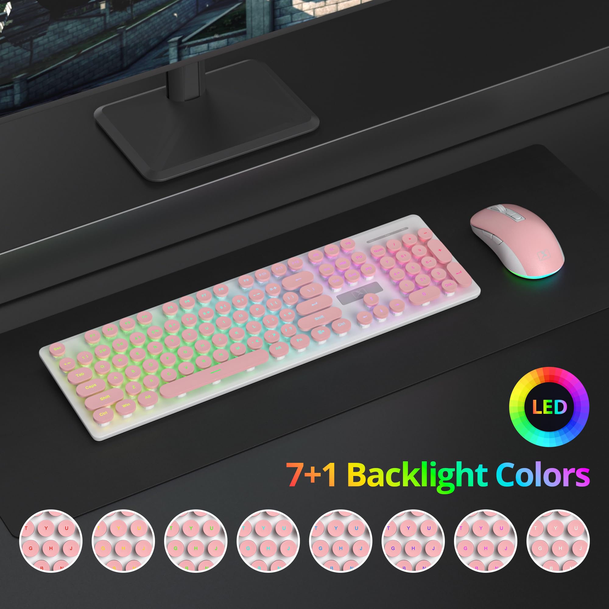 SOLIDEE Ensemble Clavier et Souris sans Fil Rétroéclairés, Clavier Type Machine à Écrire Lumineux Rechargeable 2.4GHz, Touches Rondes Rétro Silencieuses sans Fil avec Récepteur USB(Pink)