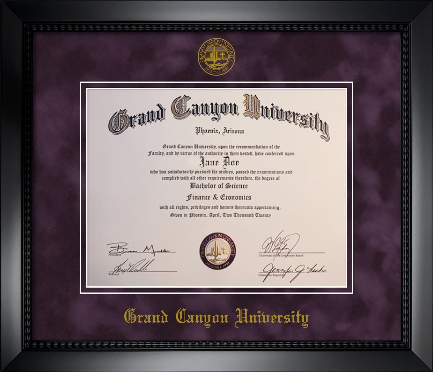 Grand Canyon University Diploma Frame - Officially Licensed - Matte Black Frame with Purple Suede Mat and Gold Embossed GCU seal