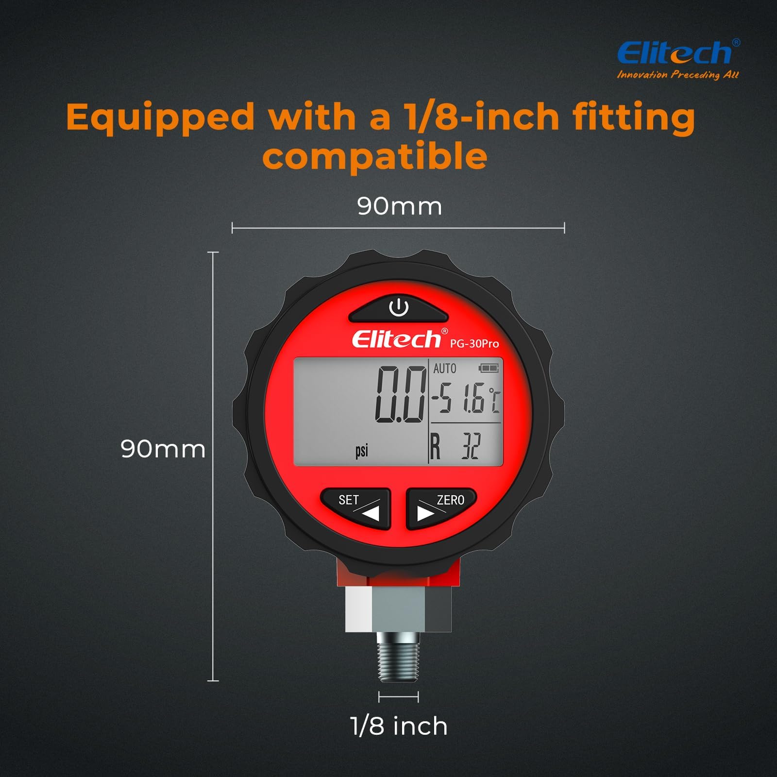 Elitech PG-30 Pro Manomètre Numérique Réfrigérant avec Rétroéclairage, Manifold Gauge Pour 87+ Réfrigérants 0-500 PSI 1/8 NPT, Rouge