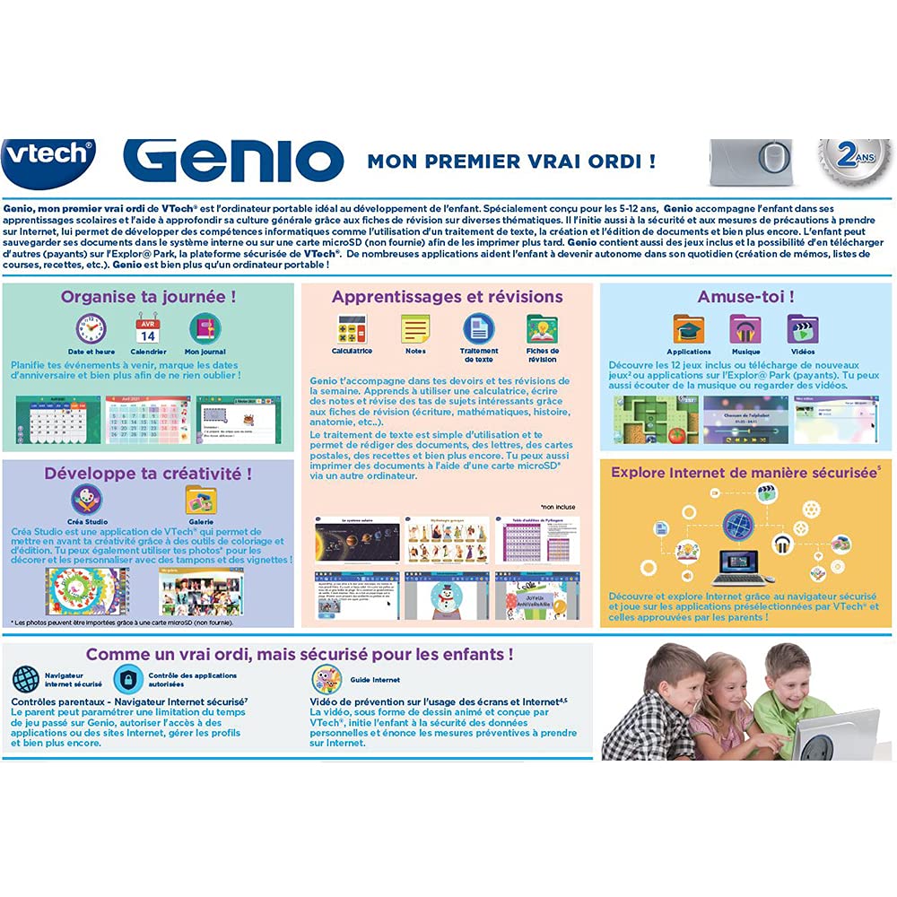 VTech - Genio, Mon Premier Vrai Ordi Gris Métal, Ordinateur Enfant avec Écran Couleur 5 Pouces, Souris, 50 Activités et Jeux Éducatifs, Cadeau Enfant de 5 Ans à 12 Ans - Contenu en Français