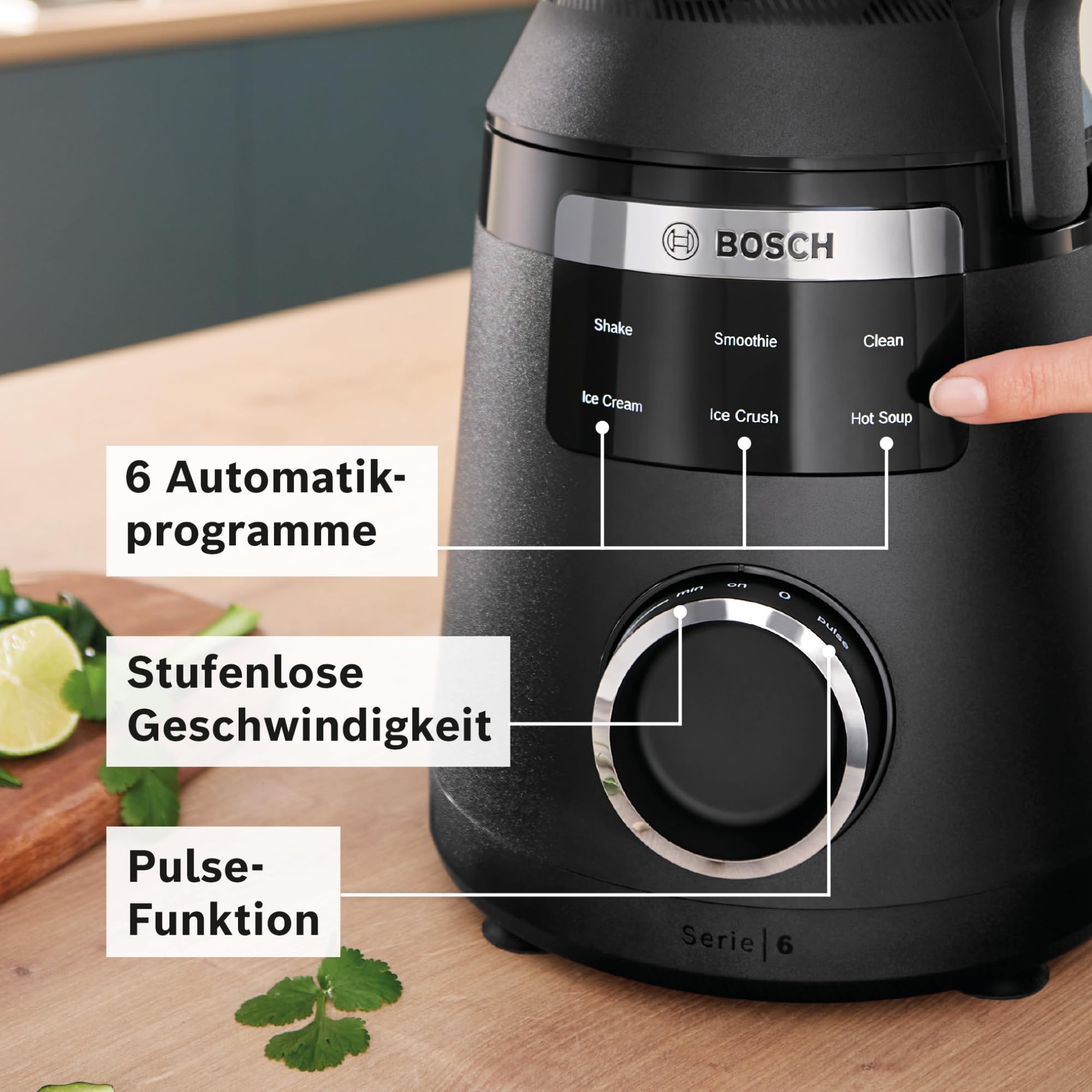 Bosch Hochleistungsmixer, Smoothie Maker, 1800W, 45.000 U-min, Programme für heiße Suppe & Reinigung, 2L, spülmaschinenfeste Teile, Made in Europe, schwarz, VitaPower Serie 6 MMB6652B