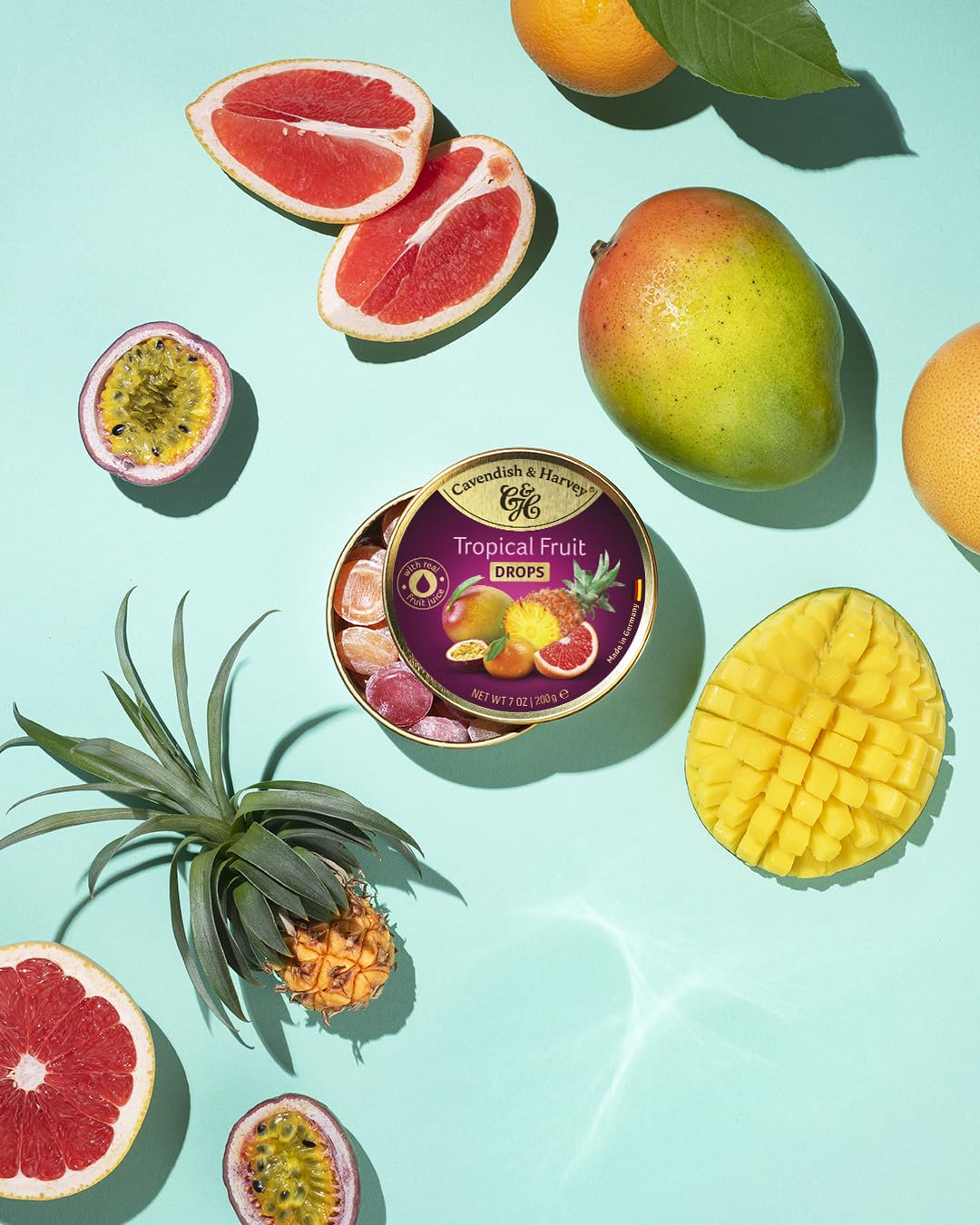 Cavendish & Harvey Tropical Fruit Drops Lot de 9 boîtes de conservation de 200 g | Mangue, pamplemousse, maracuja, kalamansi, ananas | Avec véritable jus de fruits naturels | Végétalien, halal, casher