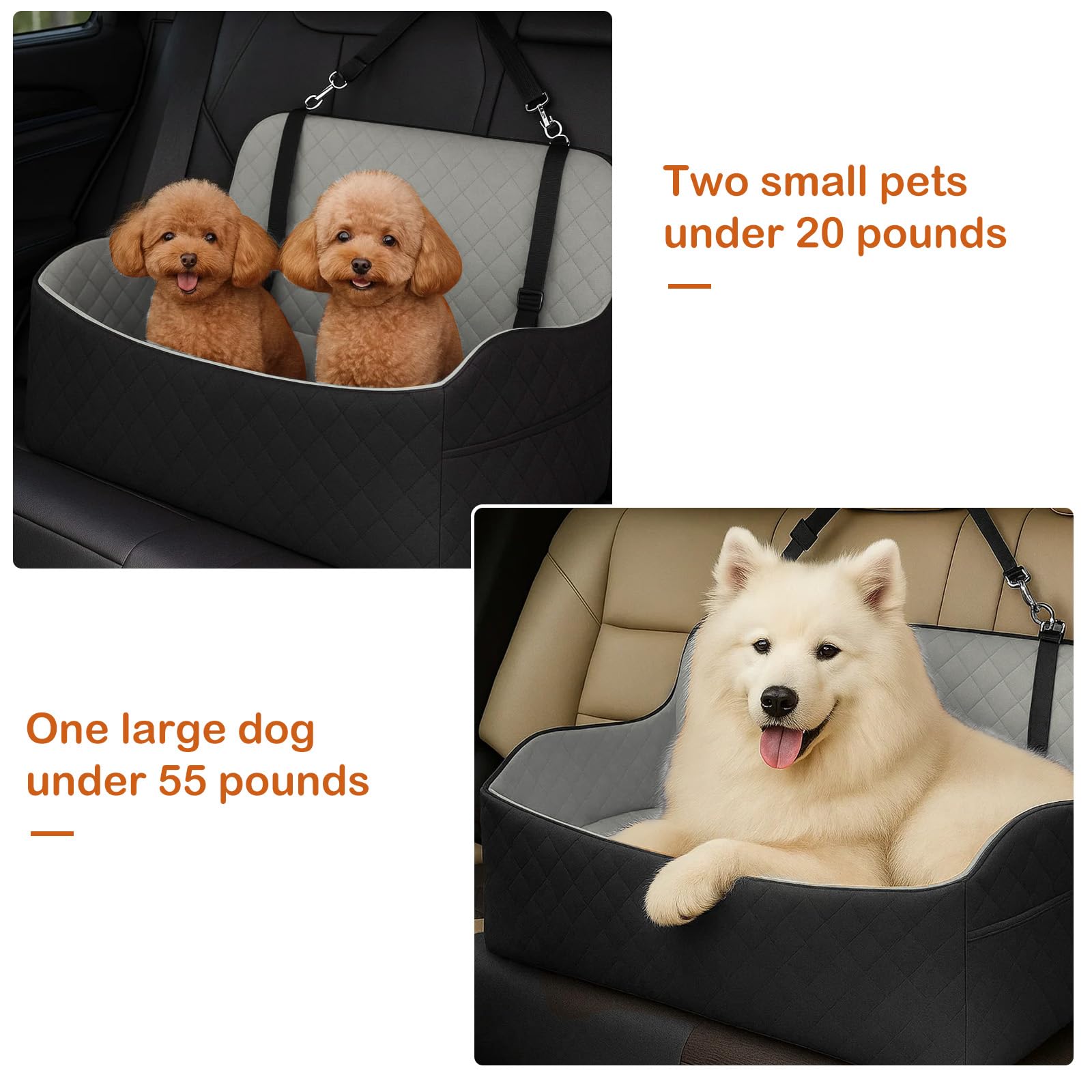 Hunde Autositz für große & mittelgroße Hunde bis 25 kg | Autositze mit Dicker Polsterung, Sicherheitsgurten & Aufbewahrungstaschen (25 kg Schwarz-Grau)