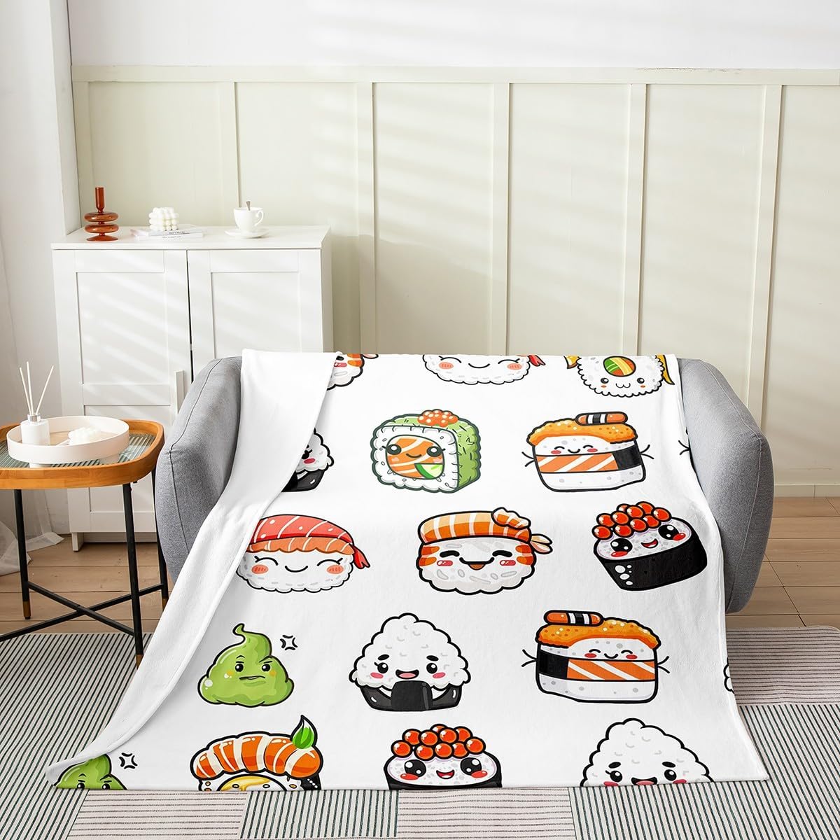 Sushi Print All Season Bed Blanket,Japanese-Style Fleece Throw Blanket Flannel Fuzzy Blanket for Kids Boys Girls,Cartoon Japanese Sushi Microfiber Plush Blanket Room Decor Queen 90"x90"