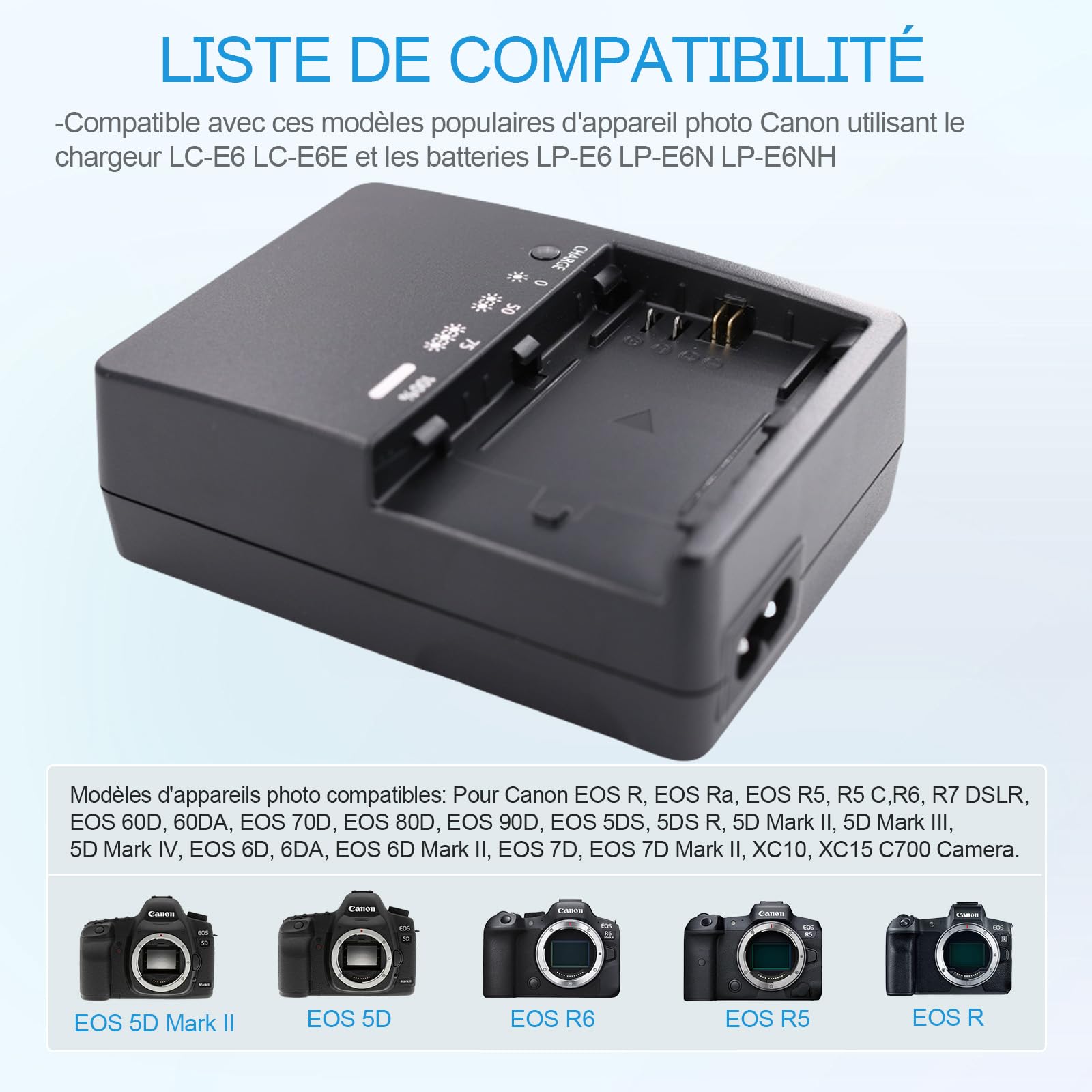 LP-E6 LP-E6N LP-E6NH LC-E6E Chargeur de Batterie Compatible avec Canon EOS R,R5, R6,5D Mark IV,5D Mark III,5D Mark II,5DS,80D,90D,70D,60D,7D Mark II,7D,6D Mark II Appareil Photo & 100cm AC Power Cord