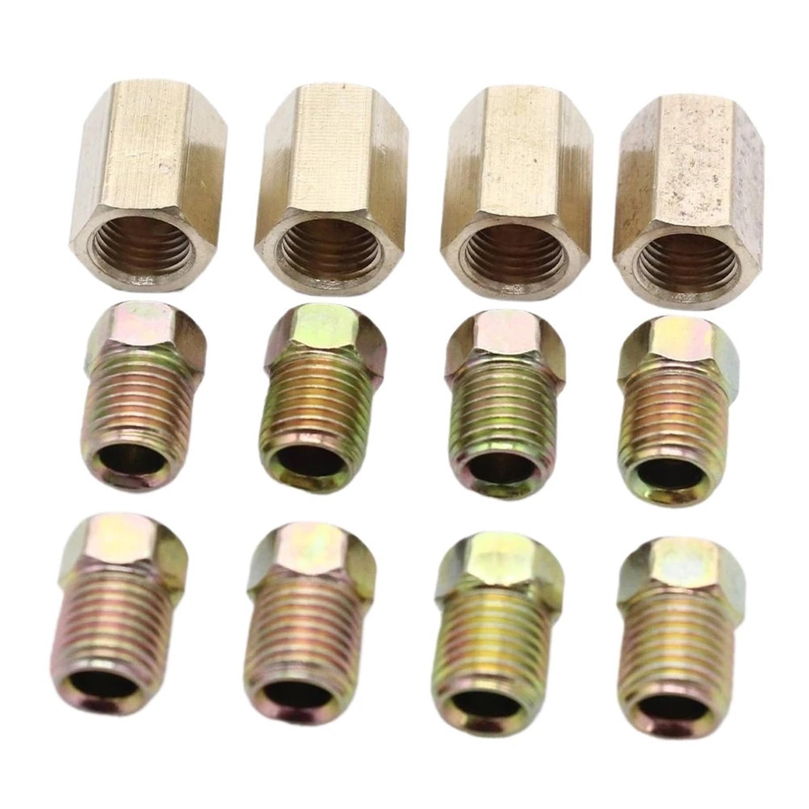 Fiakaon One Color Brake Pipe Fittings 12Pcs 7/16 Inch-24 Brake Line Fittings & Brass Unions 4 Unions 8 Nuts Threads Brake Line Nut Fittings Sets For 1/4 Inch Tube