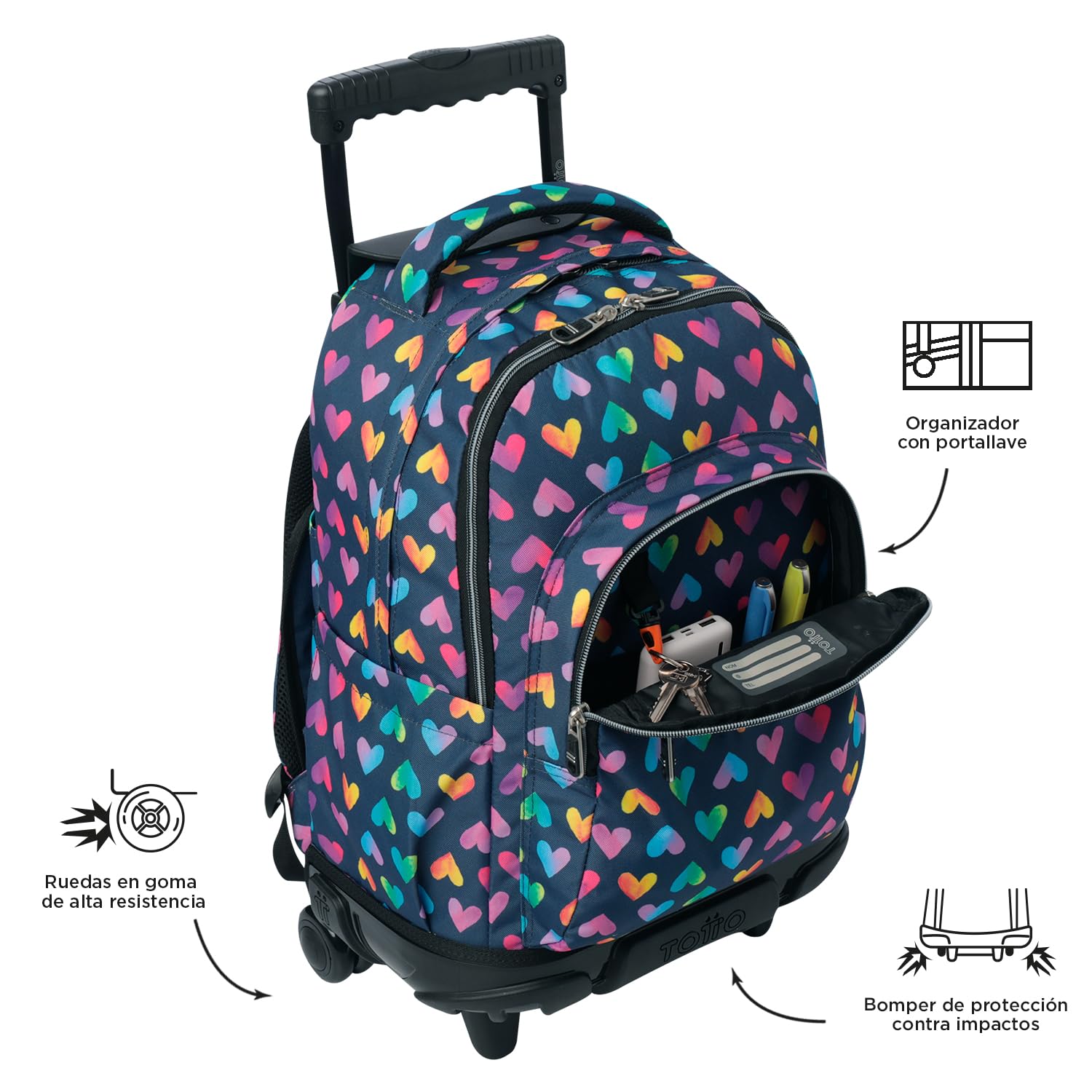 TOTTO - Mochila Escolar con Ruedas, Modelo Renglones, Capacidad 26,21 Litros, Bolsillo para PC 14", Bolsillo Botella, Correas en S para Mayor Comodidad, Resistente, Estampado Latty