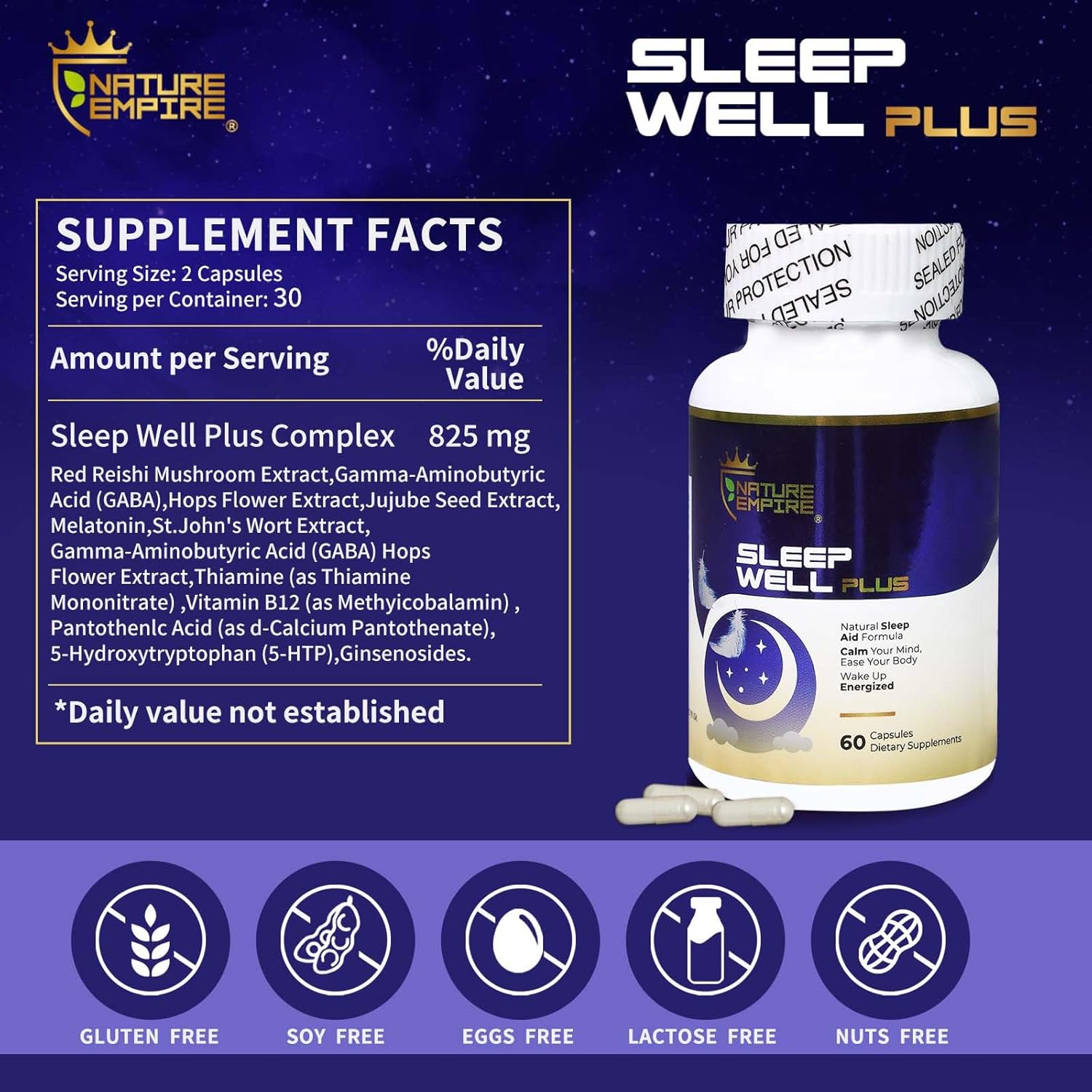 Fast Acting Sleep Aid 12 in1 Supplement for Adults with Meatonin,Reishi Mushroom,Ginsenosides,Extract of St.John's Wort ,Jujube Seed,Hops Flower,Non-Habit Formula for Relaxation, 60 Capsules