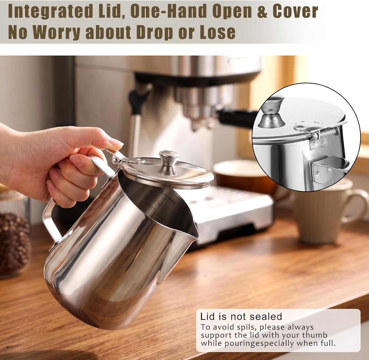 50 oz Stainless Steel Pitcher with Lid, 1.5 L Large Metal Measuring Cup with Handle, Large Mouth Graduated Beakers, Milk Frothing Jug for Latte Art, Espresso Machines, Iced Tea