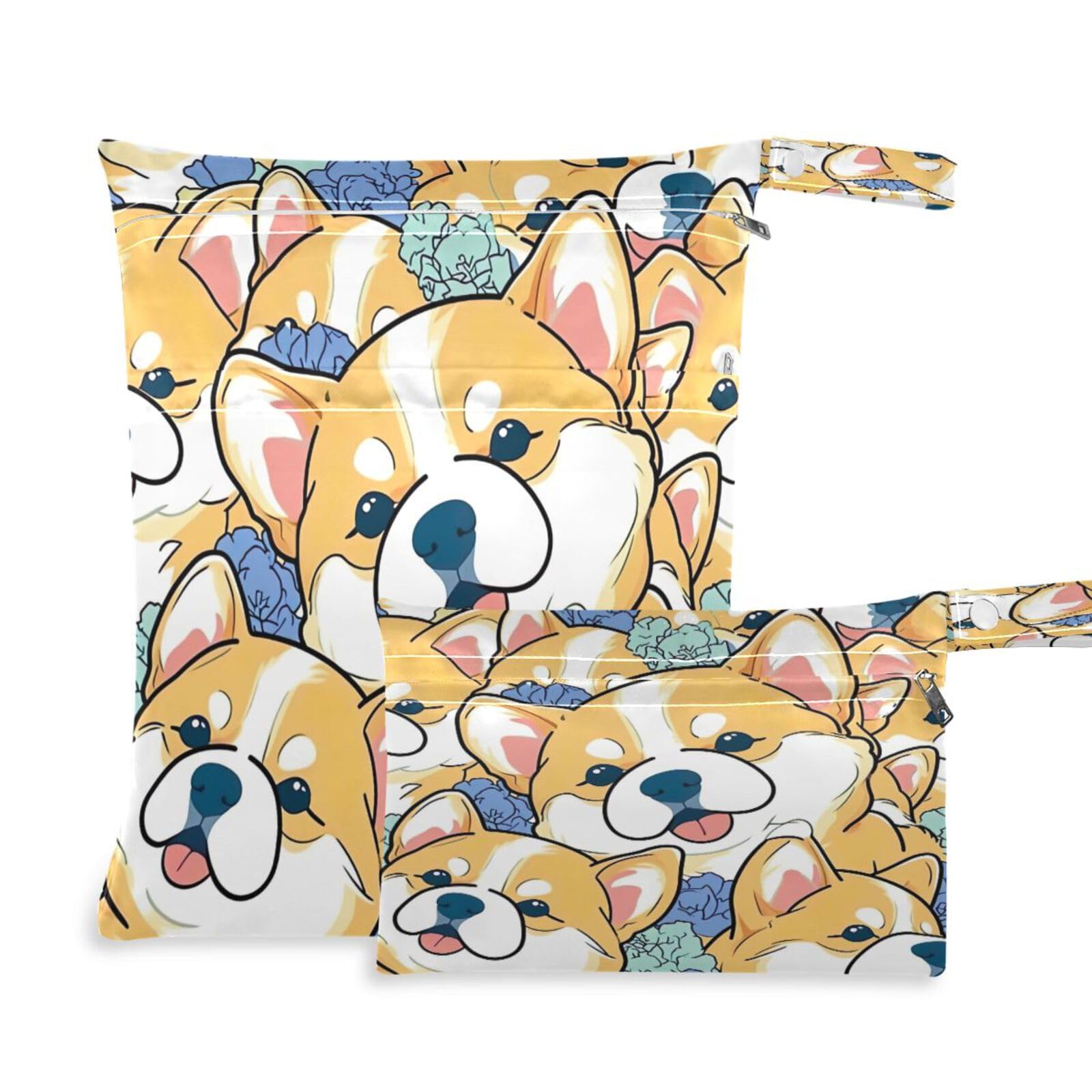 ATTX Beautiful Cartoon Corgi Wet Dry Bags 2-Pack - Reusable Cloth Diaper Storage for Travel, Beach & Gym | Multi-Use Waterproof Bags for Swimsuits, Baby Clothes, Sports Gear#473