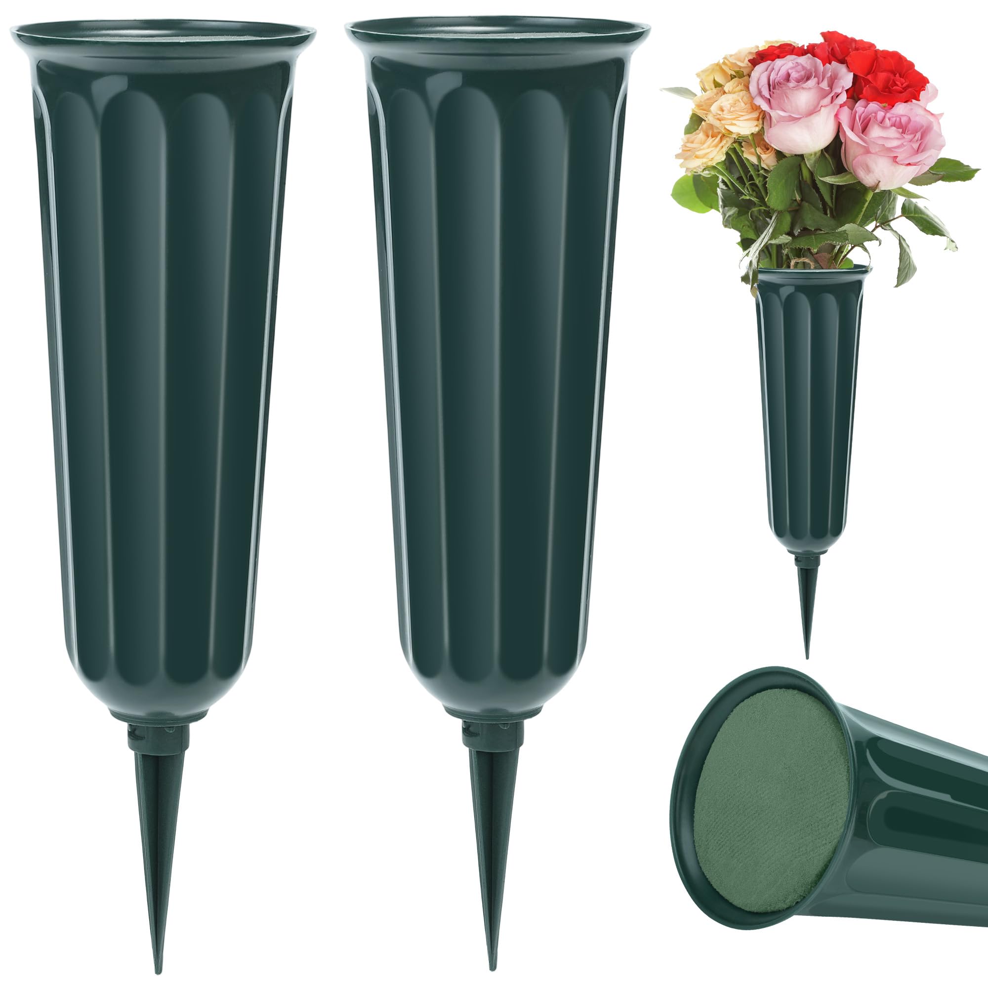Hahood 2 Stück Grabvase Mit Erdspieß & Blumensteckschaum, Grabvasen Für Grabstätten, Friedhofsvase, Garten- Und Rasendekoration (Grün) Sonstiges