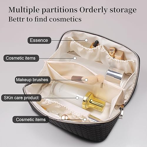 Miniatura 2 de Yooumoga Bolsa de cosméticos de gran capacidad, bolsa organizadora de maquillaje con doble cremallera, bolsa de maquillaje a cuadros de cuero