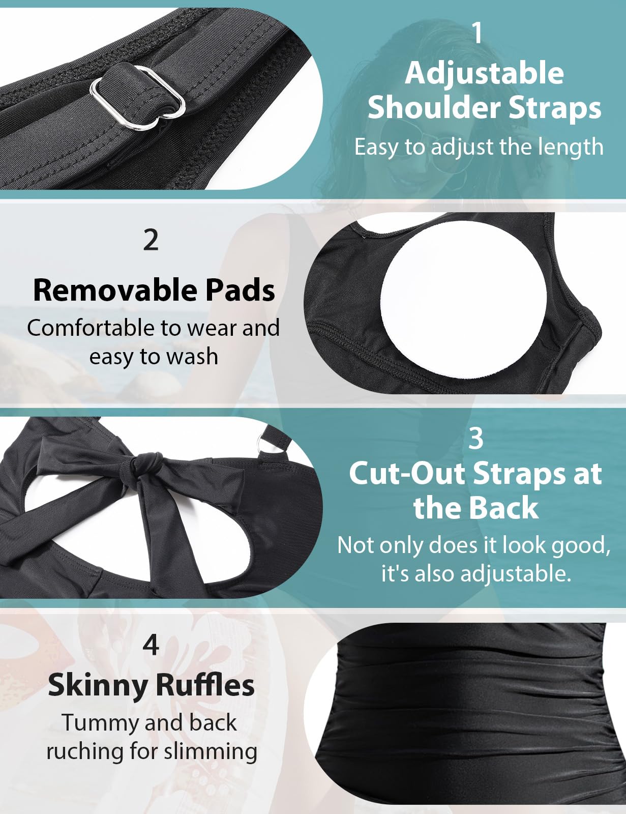 CMTOP Costume Intero Donna Contenitivo Controllo della Pancia Costumi da Bagno, Scollo a V Push Up Costume da Bagno Curvy Monokini Mare Spalline Regolabili Beachwear Swimwear