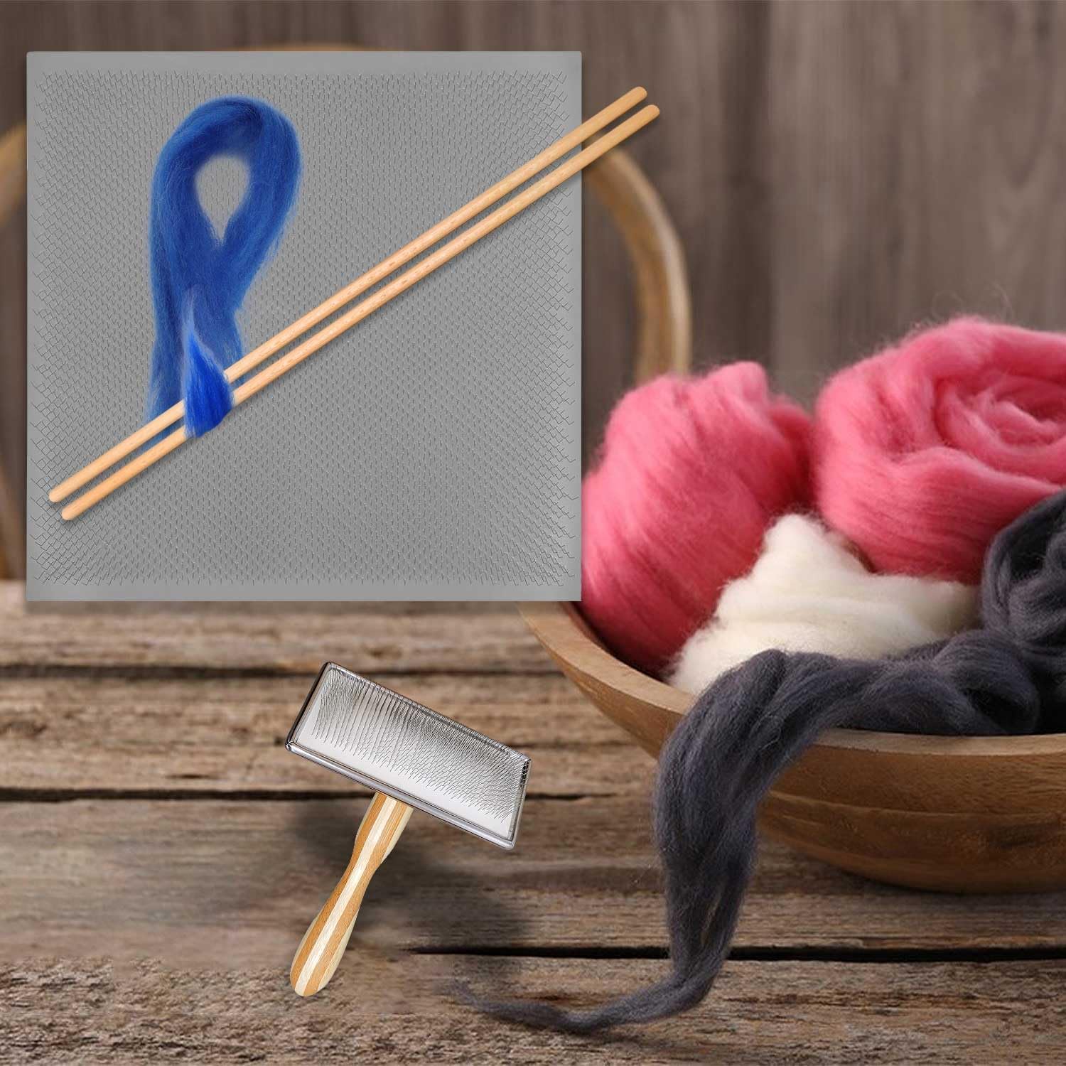 Gkesgm 1Pcs Wool Blending Cloth 9.8 X 9.8 Inch,1 Pcs Needle Felting Tools with 2 Dowels for Spinning Fiber Preparation,Wool Blending Board Supplies for Needle Felting Wool