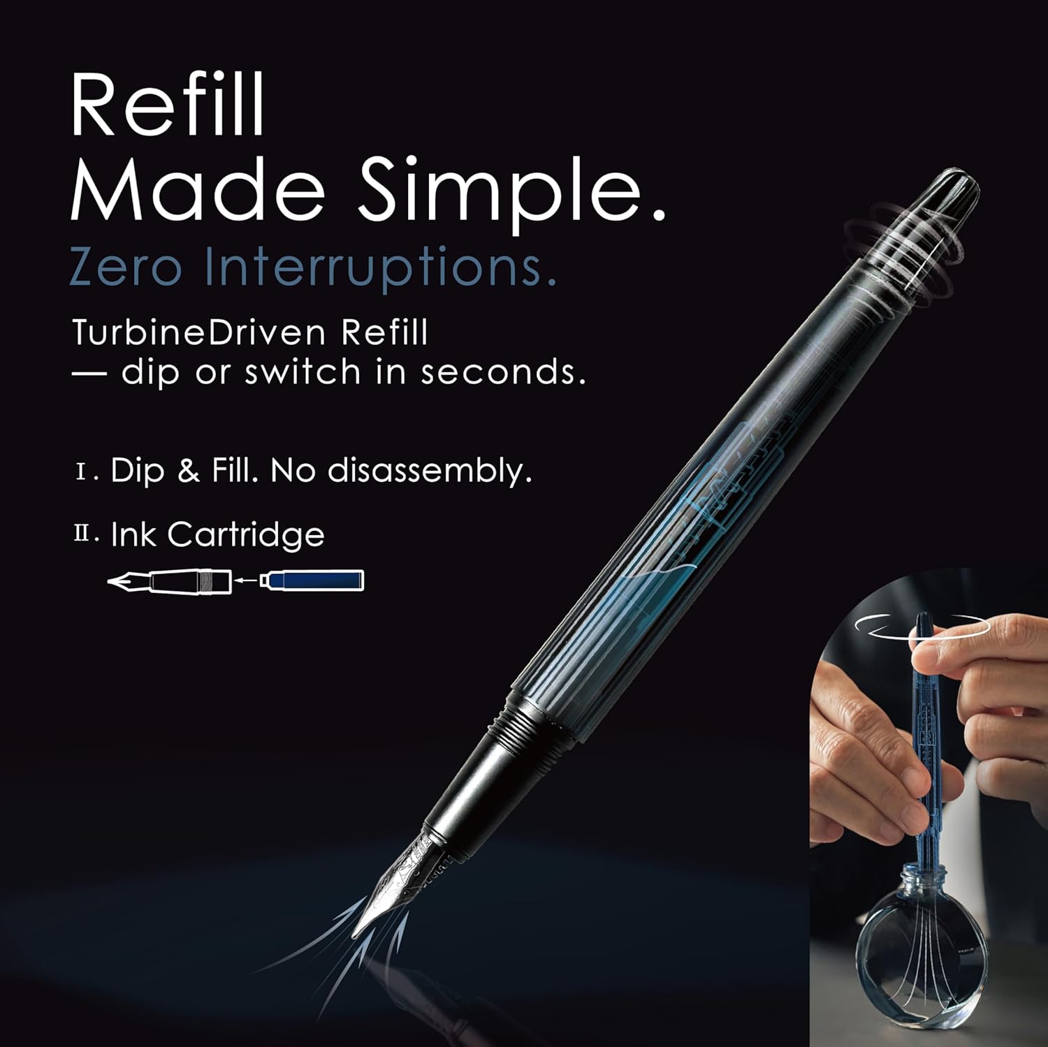 TAG Submarine Luxury Fountain Pen – TurbineDriven Refill, Steel Black Fine Nib, Elegant Writing Gift for Men & Women, Designed by Award-Winning Team