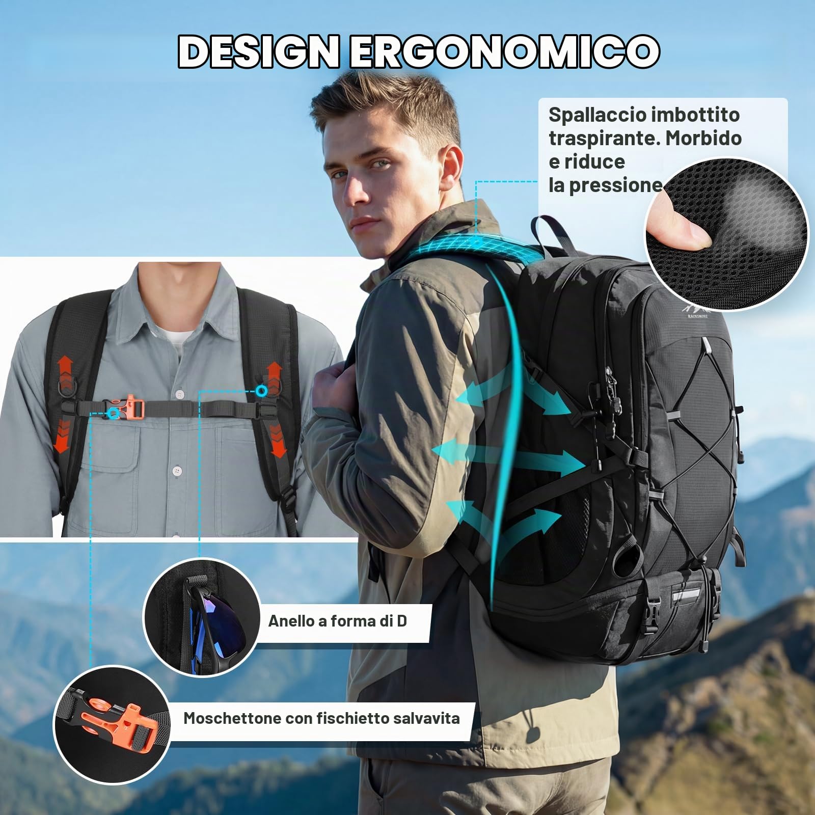 RAINSMORE Zaino Trekking 40 Litri Pieghevole Zaino Montagna Per Uomo Donna | Impermeabile Ultraleggero Zaino Da Viaggio Per Arrampicata,Escursionismo Nero