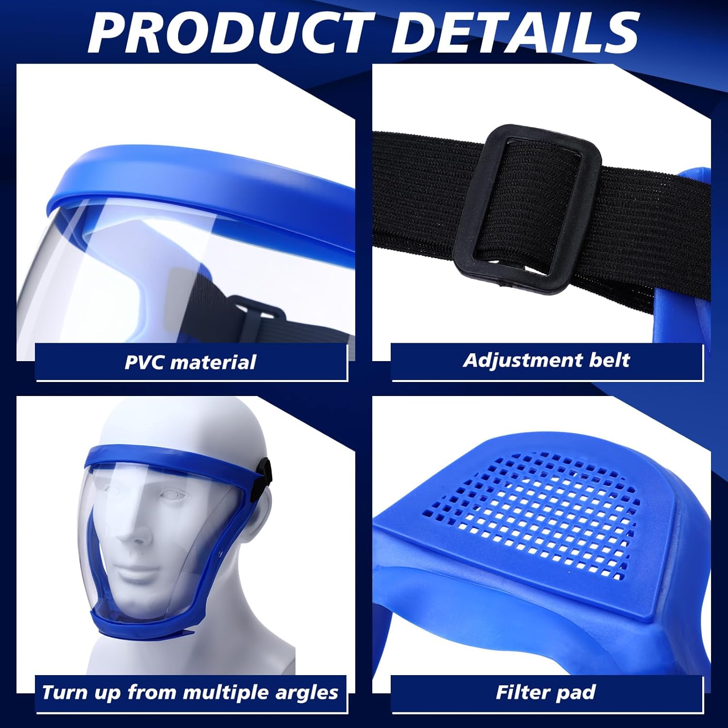 4 Pack Super Protective Face Shields with Filter Pad for Grinding and Cutting Plastic Full Face Masks Bulk for Woodworking (Blue) - Image 4