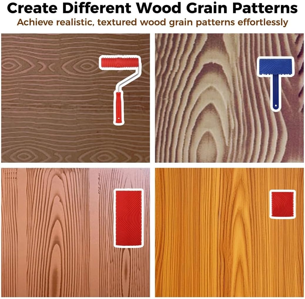 Wood Grain Patterns Tool Set, 4 Pcs Wood Graining Tools, Wood Grain Painting Roller With Handle, Diy Rubber Wood Graining Decorating Tool For Furniture, Decks, Floors, Walls