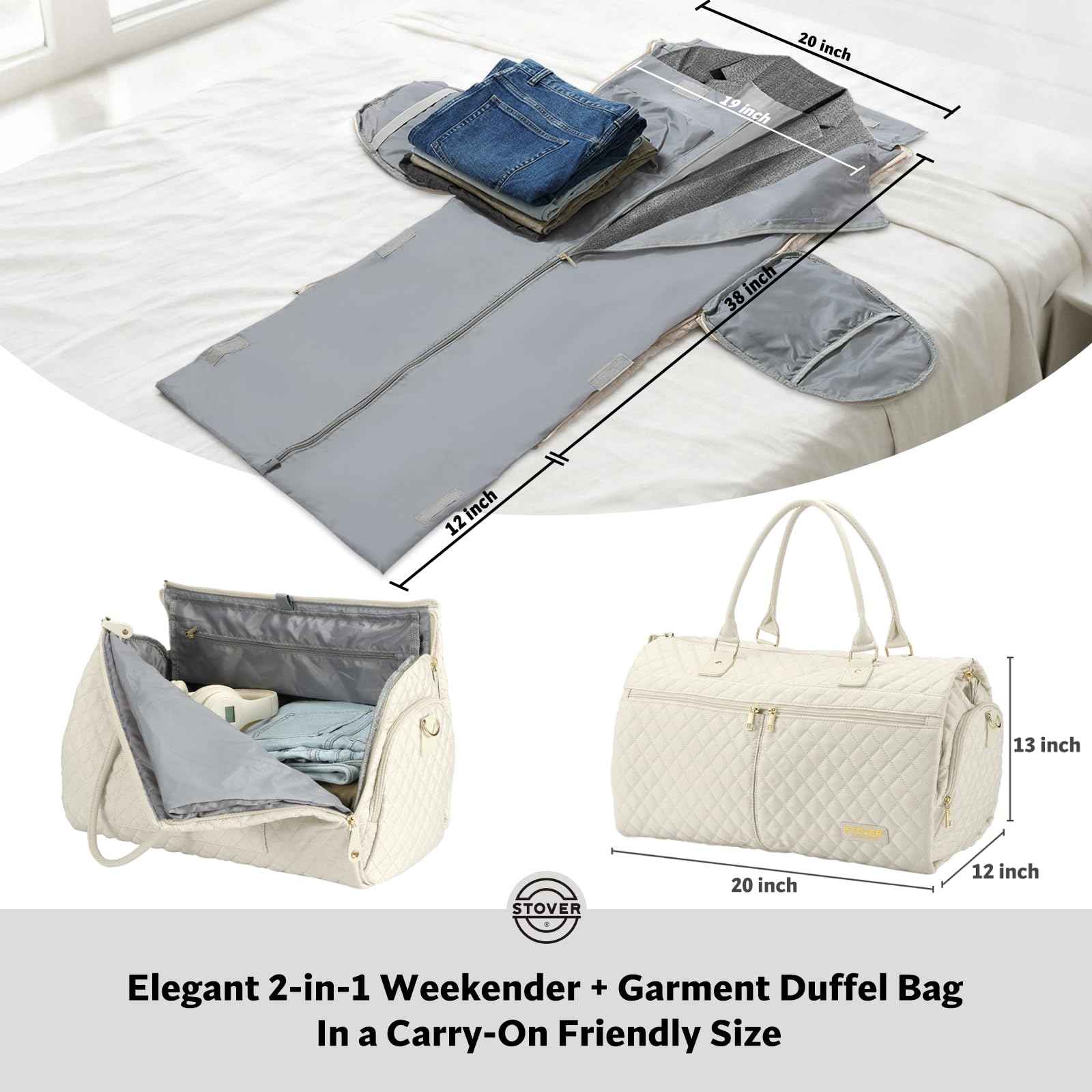 STOVER Damen wandelbare Kleidertasche für Reisen, 2-in-1 Handgepäcktasche für Wochenendausflüge, faltenfreie Kleider, hängende Anzüge, Kleidung + Schuhfach & Bonus Kulturbeutel, Kaschmir-Creme, 20