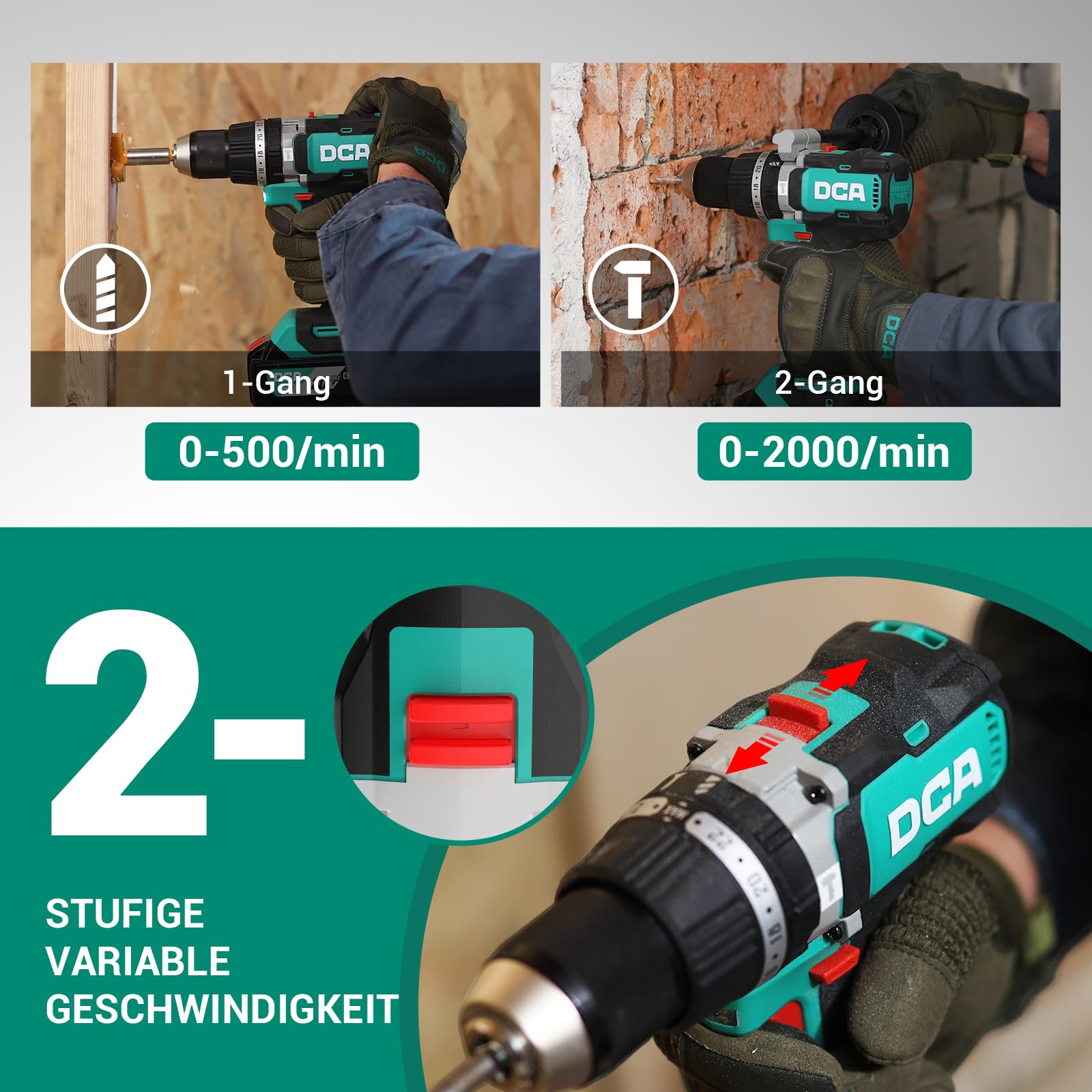 DCA Perceuse-visseuse à percussion 20 V brushless, couple 120 Nm, mandrin métal 13 mm, embrayage 24+1+1, 32000 coups/min, batteries 4,0 Ah pour brique, métal et bois