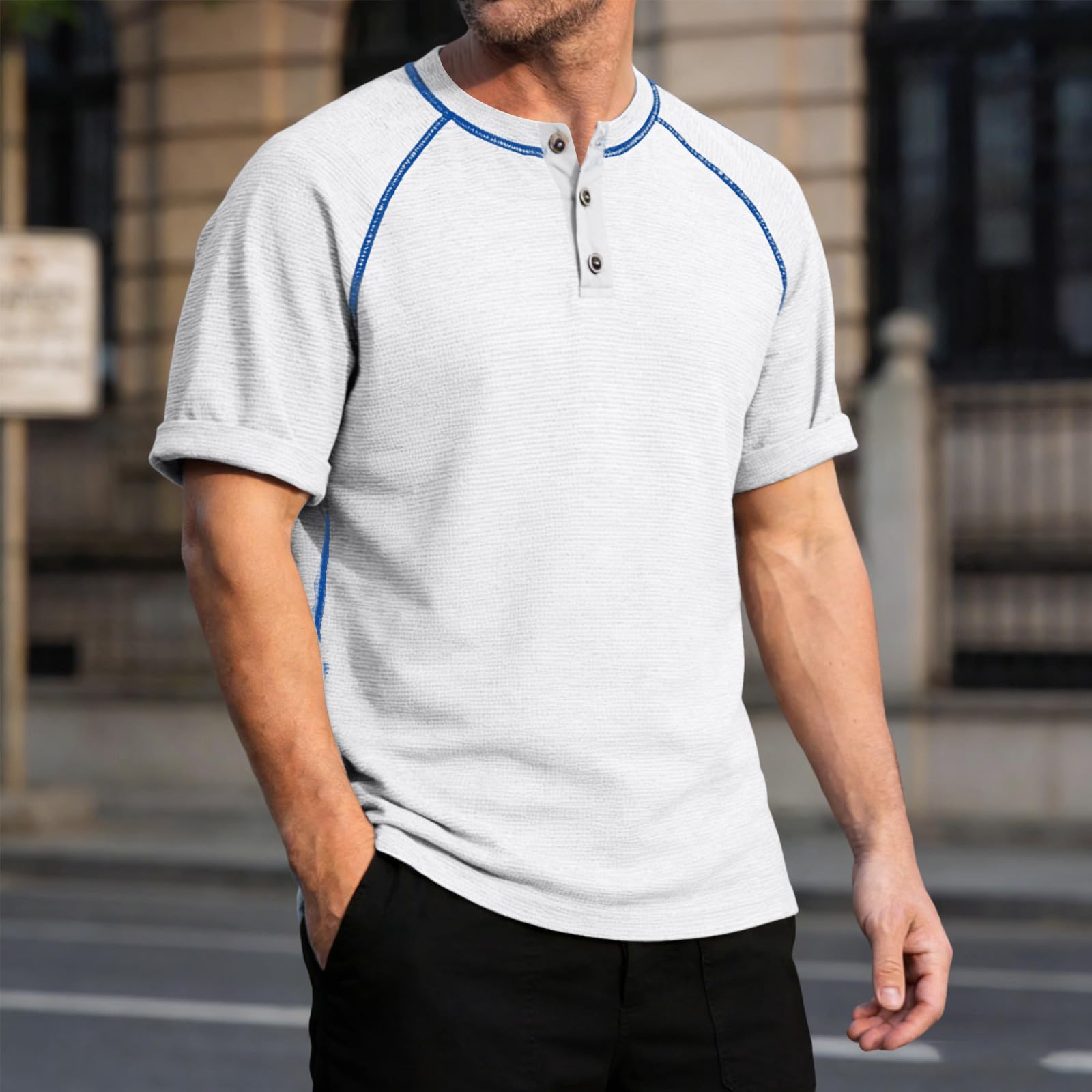 T-Shirt Homme Haut Tee Manches Courtes Coton Tricot nid dabeille Stretch délavé élastique Ultra Doux Soyeux Ample Moulant Slim Regular col Haut 3 Boutons pour été Fitness extérieur Loisirs
