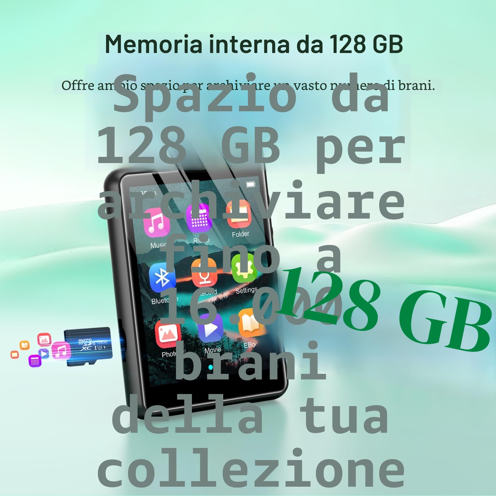 Lettore MP3 128GB Bluetooth 5.3, ZAQE 2,4” Full Touchscreen Lettore MP3 sportivo portatile, Altoparlanti integrati ad alta definizione, Radio FM, Registrazione, Line-In, Suono HiFi, fino a 512GB, Nero