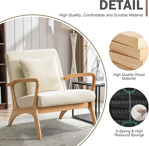 Miniatura 26 de CDCASA Silla decorativa moderna Mid-Century con cojín, 28.3 pulgadas de largo, sillas tapizadas de tela de lino con marco de madera para sala de