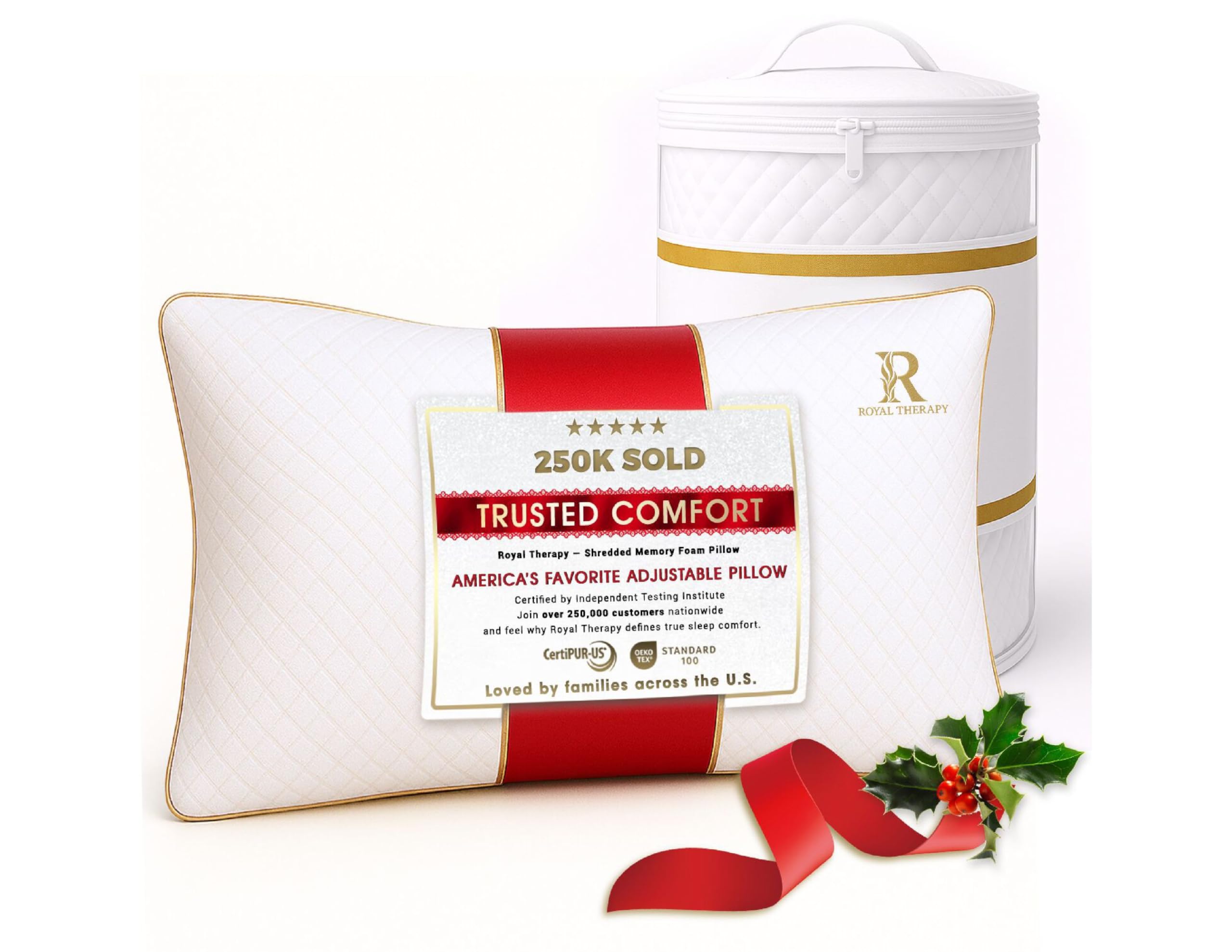 Royal Therapy Queen Memory Foam Pillow, Adjustable Shredded Odor-Free Pillow for Neck & Shoulder Pain Relief, Support for Back, Stomach, Side Sleepers, CertiPUR-US